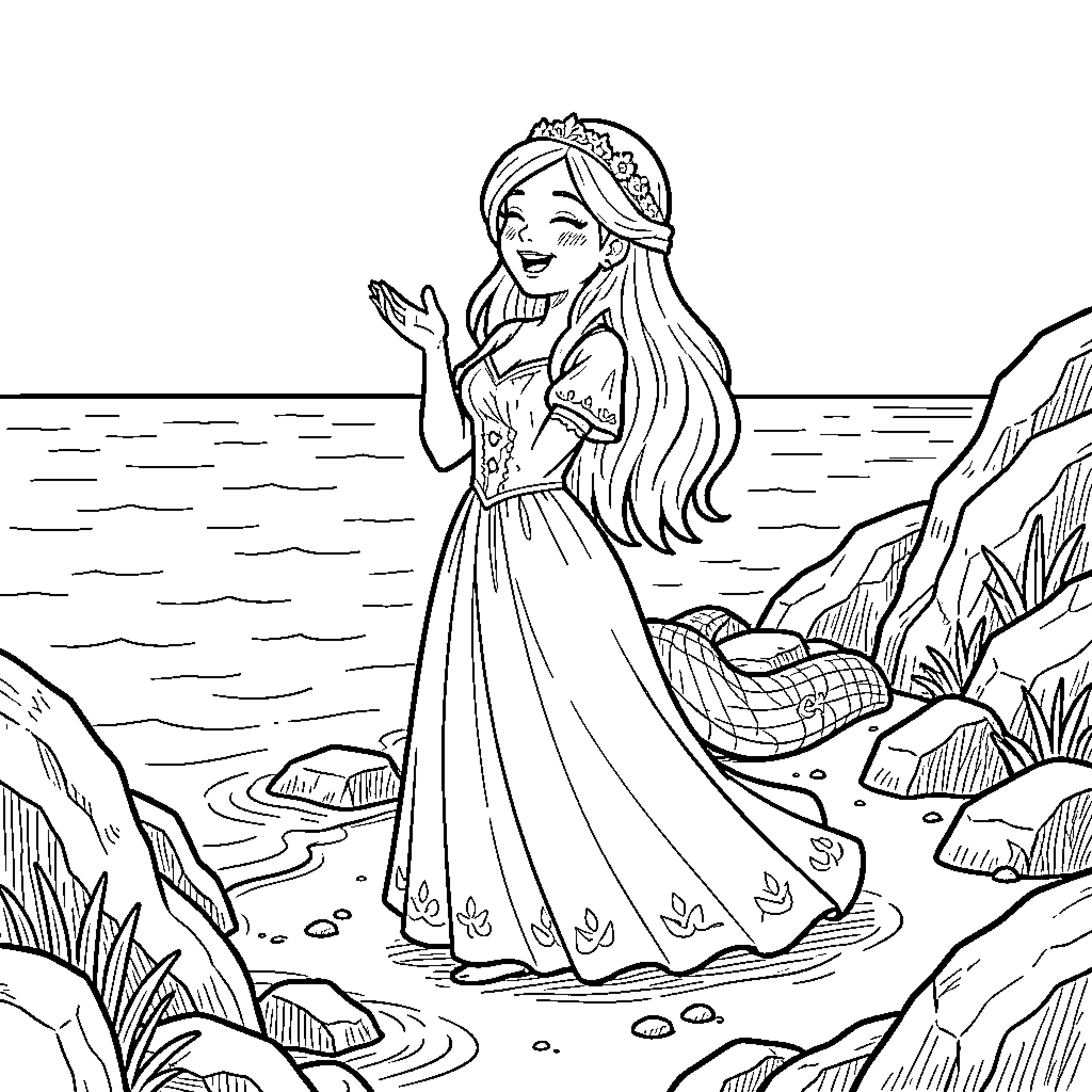 Siren princess singing joyfully by the ocean waves Coloring Page (free black-and-white line drawing printable PDF for all, from beginners to advanced learners, including children, teens, adults, and seniors)