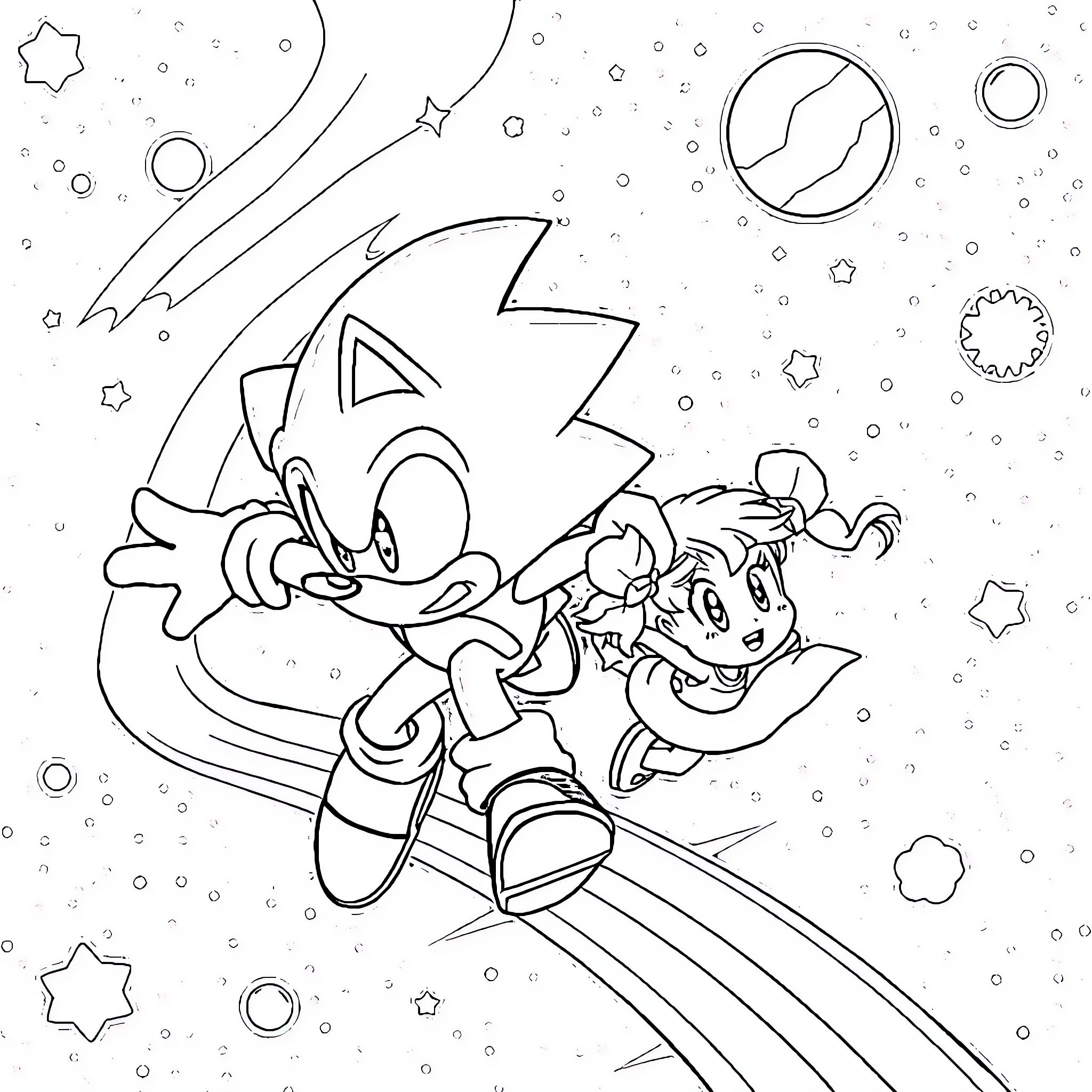Sonic on an Intergalactic Adventure Coloring Page (free black-and-white line drawing printable PDF for all, from beginners to advanced learners, including children, teens, adults, and seniors)