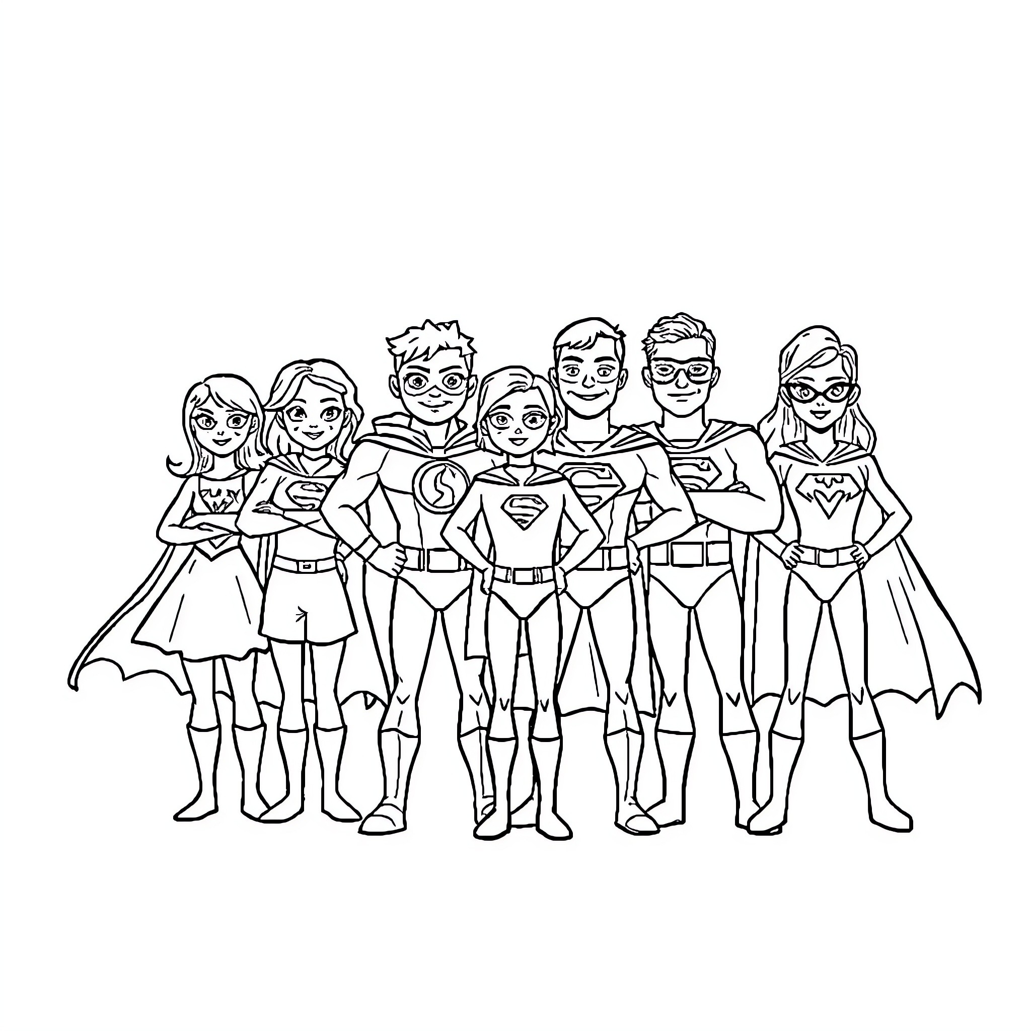 Superhero Team Assembled for Action Coloring Page (free black-and-white line drawing printable PDF for all, from beginners to advanced learners, including children, teens, adults, and seniors)