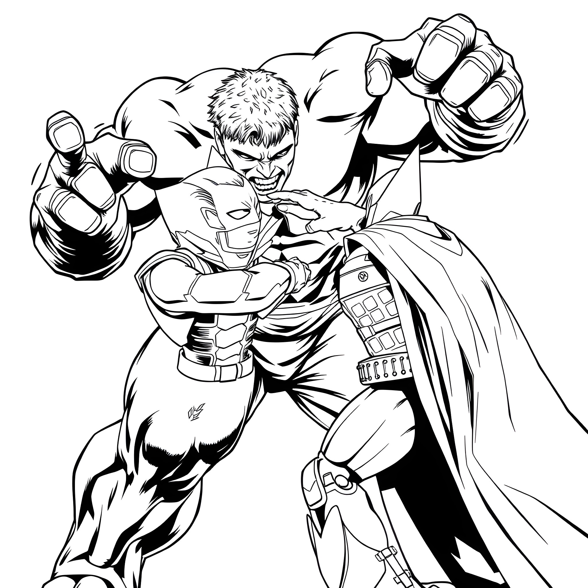 Hulk Smashing Through Obstacles Coloring Page (free black-and-white line drawing printable PDF for all, from beginners to advanced learners, including children, teens, adults, and seniors)