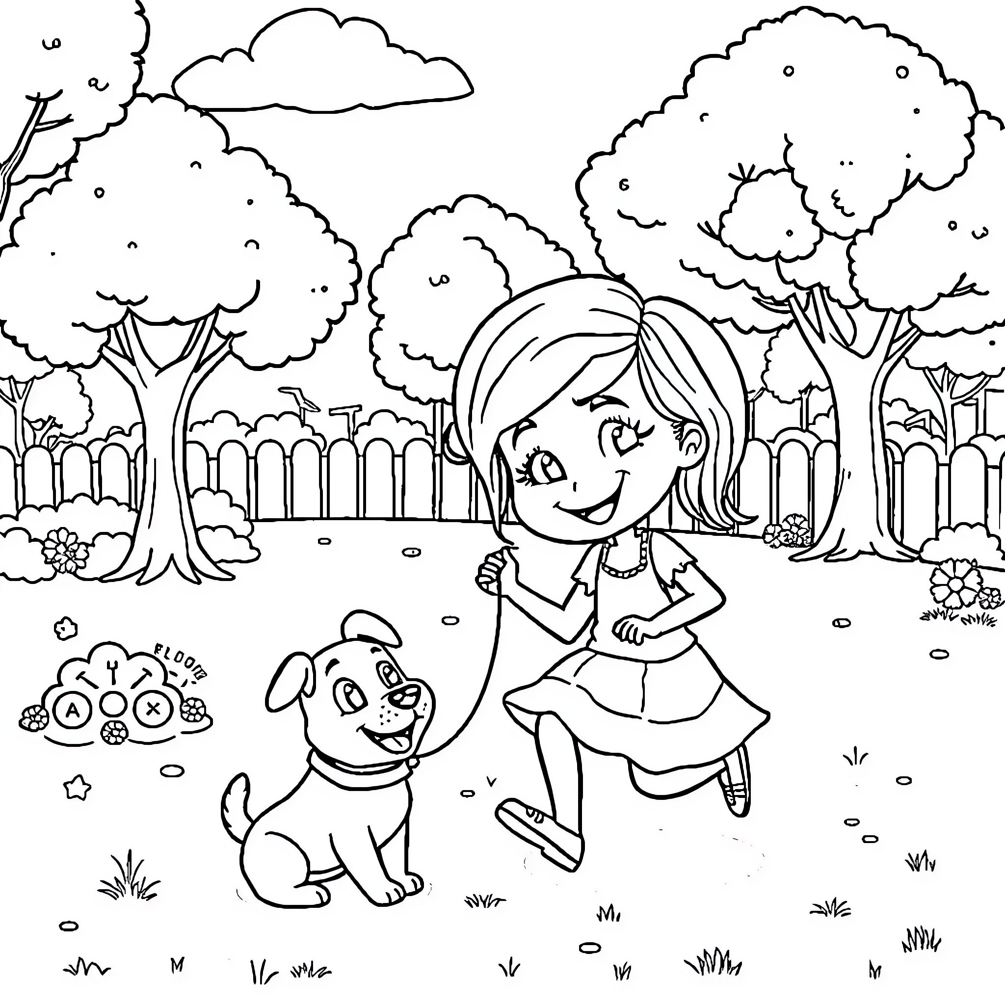 Girl playing joyfully with her dog in the park Coloring Page (free black-and-white line drawing printable PDF for all, from beginners to advanced learners, including children, teens, adults, and seniors)