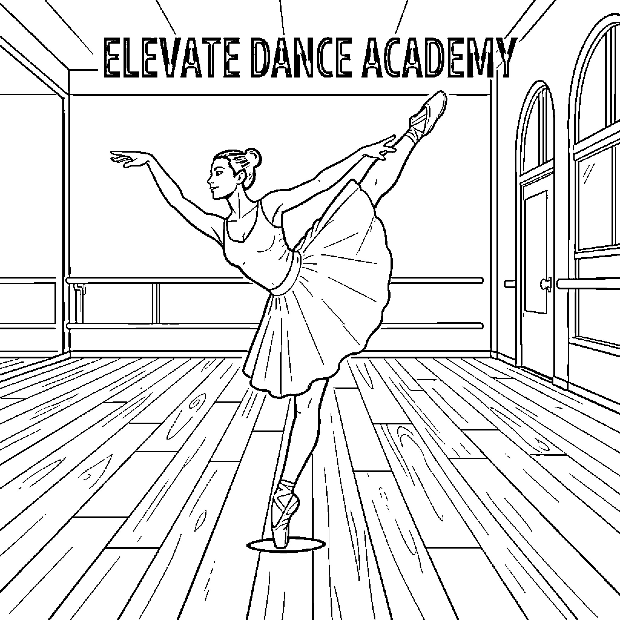 Dancer performing gracefully in the dance studio Coloring Page (free black-and-white line drawing printable PDF for all, from beginners to advanced learners, including children, teens, adults, and seniors)