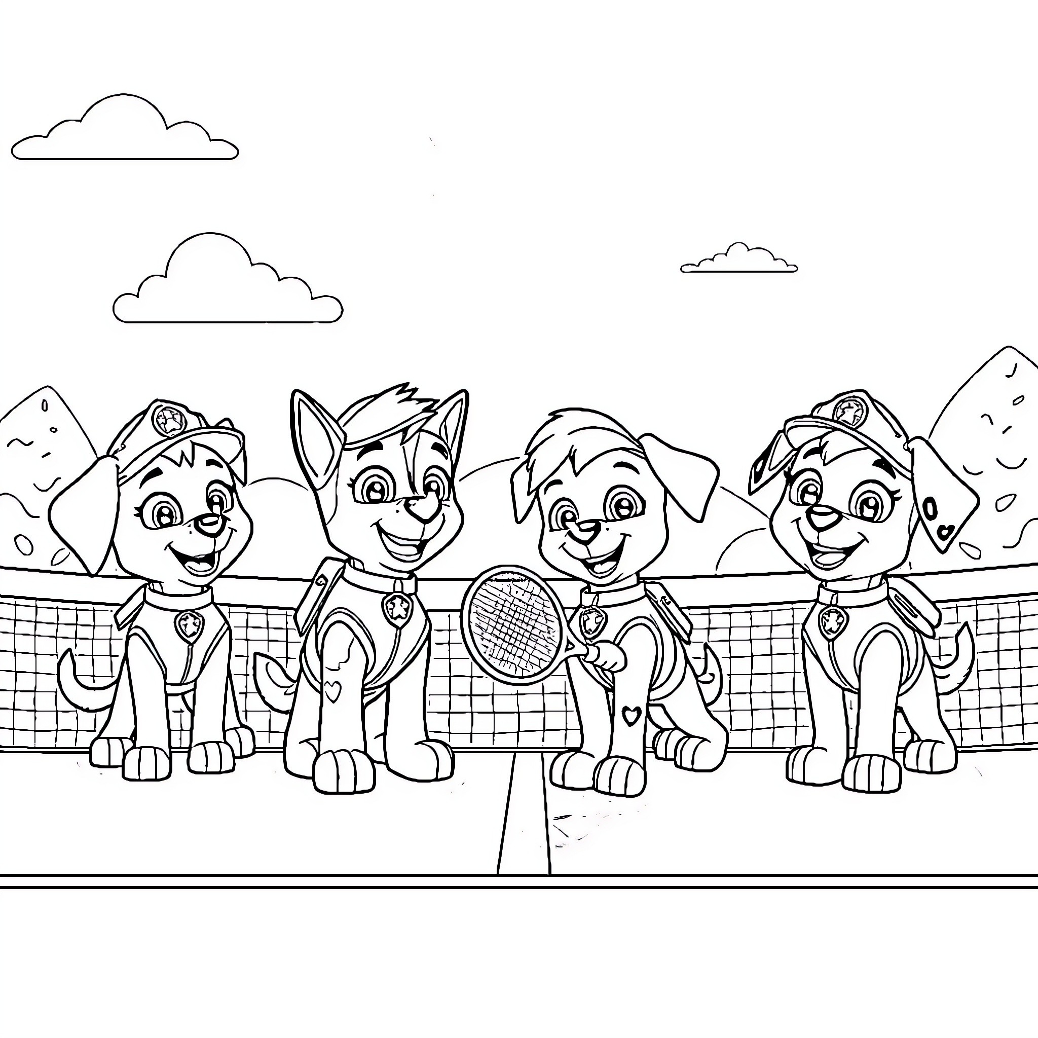 Paw Patrol puppies playing tennis on the court Coloring Page (free black-and-white line drawing printable PDF for all, from beginners to advanced learners, including children, teens, adults, and seniors)