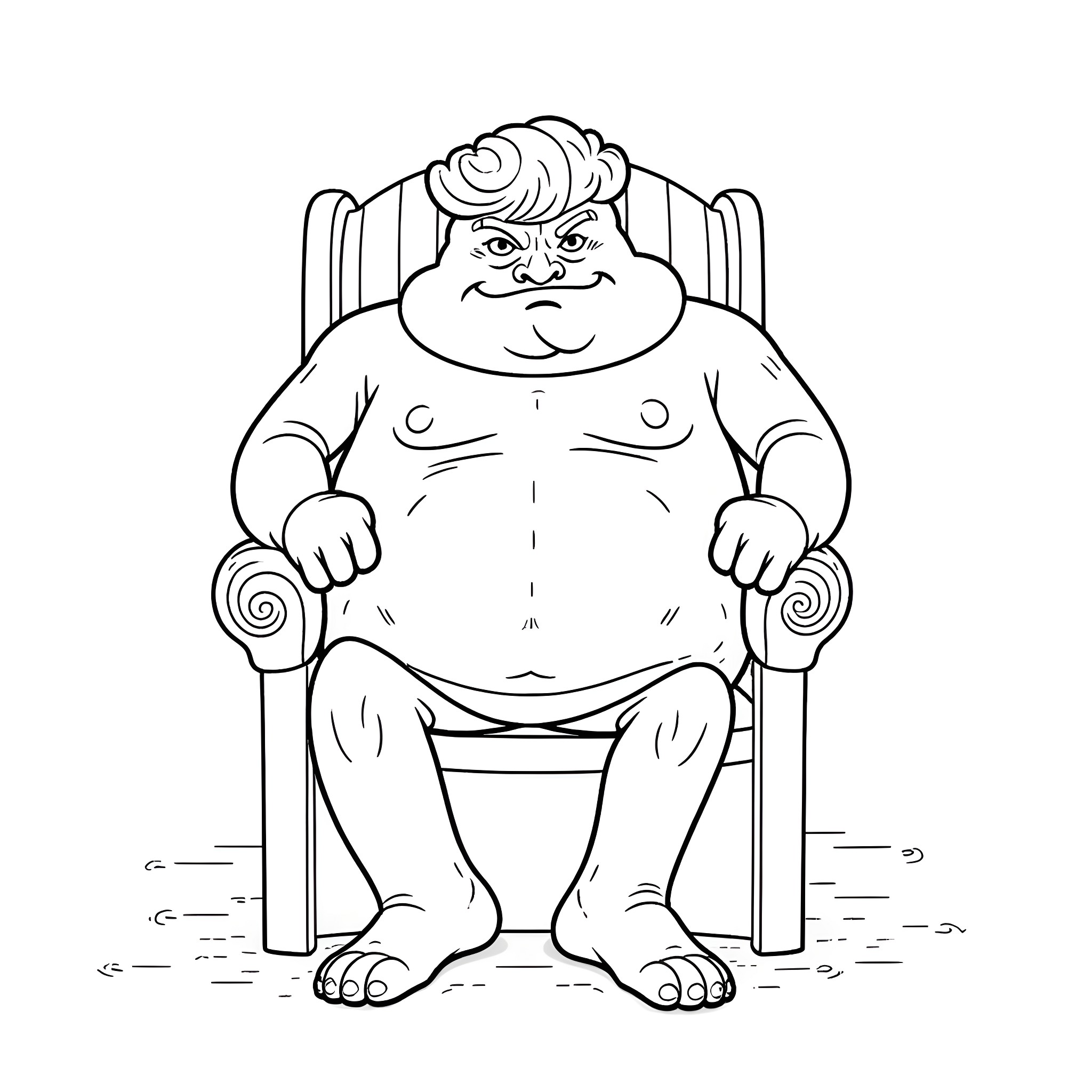 Trump seated in an ornate chair with a disgruntled expression Coloring Page (free black-and-white line drawing printable PDF for all, from beginners to advanced learners, including children, teens, adults, and seniors)