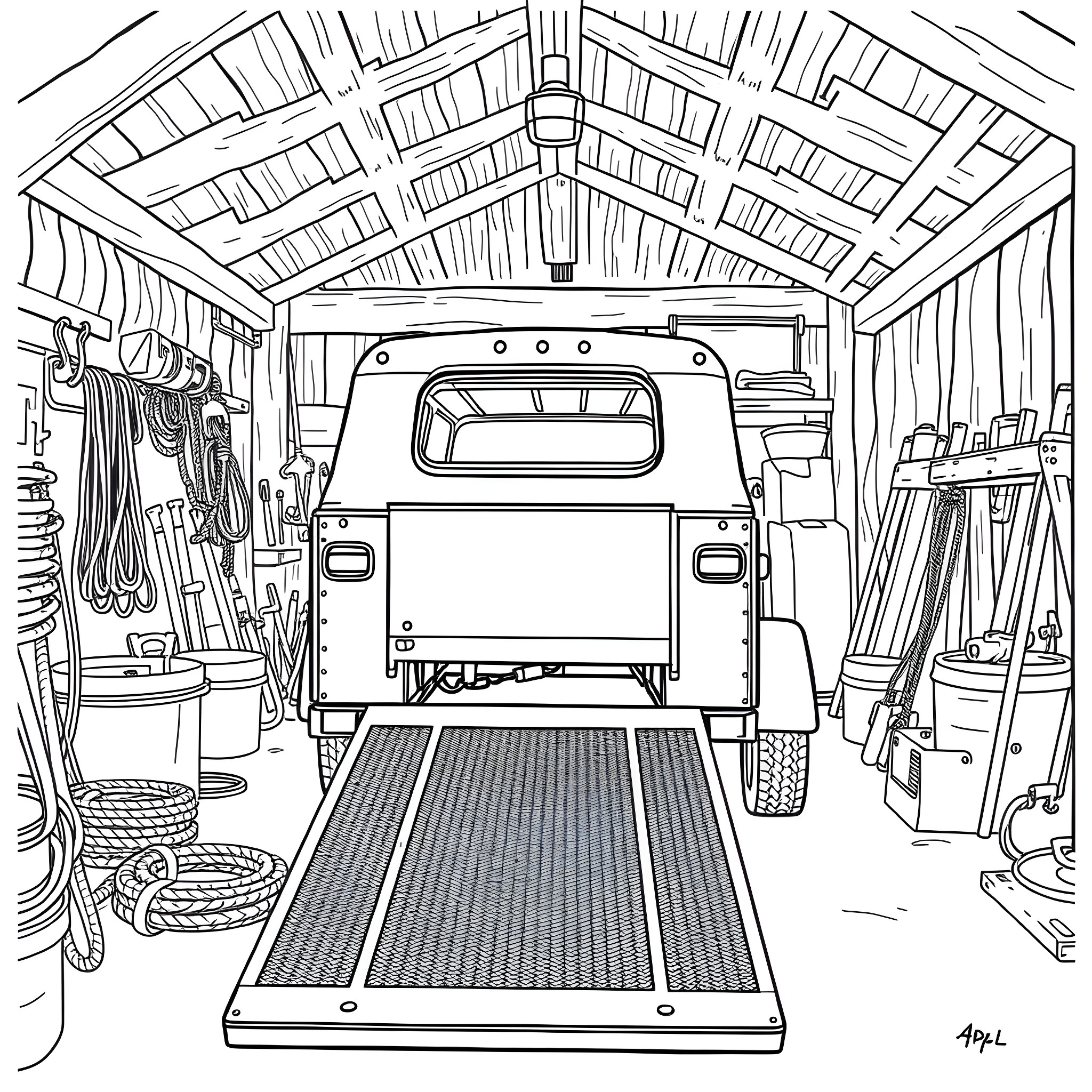 Car Trailer Inside Cluttered Workshop Coloring Page (free black-and-white line drawing printable PDF for all, from beginners to advanced learners, including children, teens, adults, and seniors)