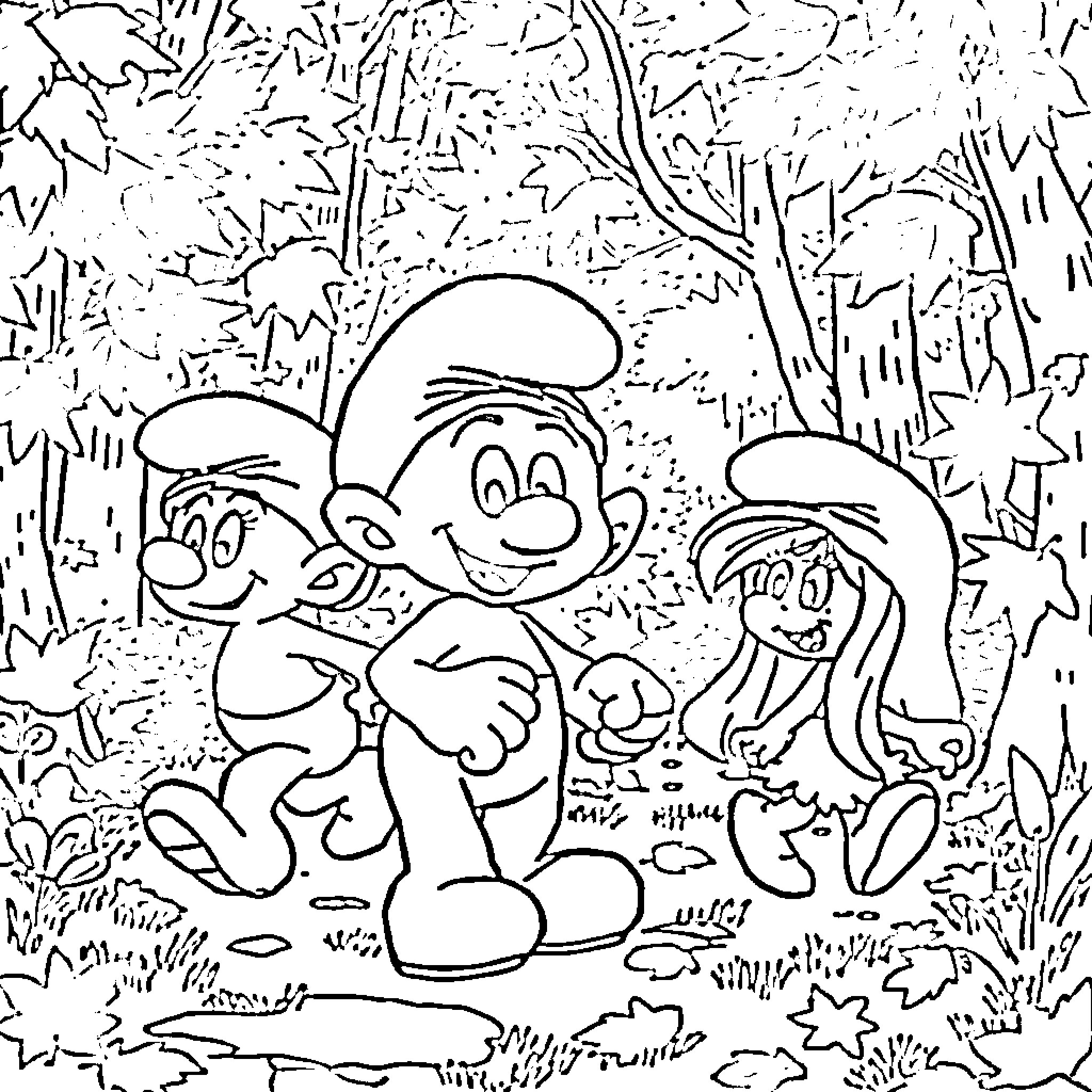 Smurf friends exploring the forest Coloring Page (free black-and-white line drawing printable PDF for all, from beginners to advanced learners, including children, teens, adults, and seniors)