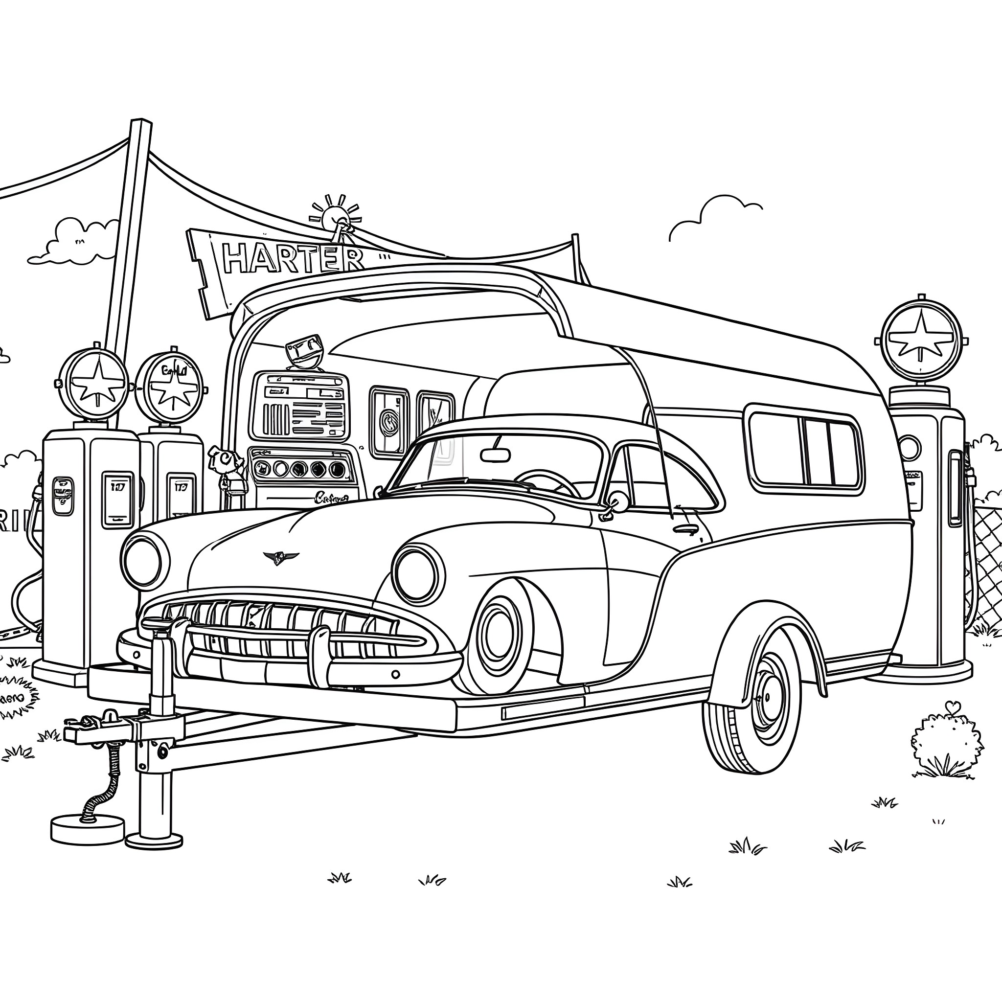 Classic Car at the Mechanic's Garage Coloring Page (free black-and-white line drawing printable PDF for all, from beginners to advanced learners, including children, teens, adults, and seniors)