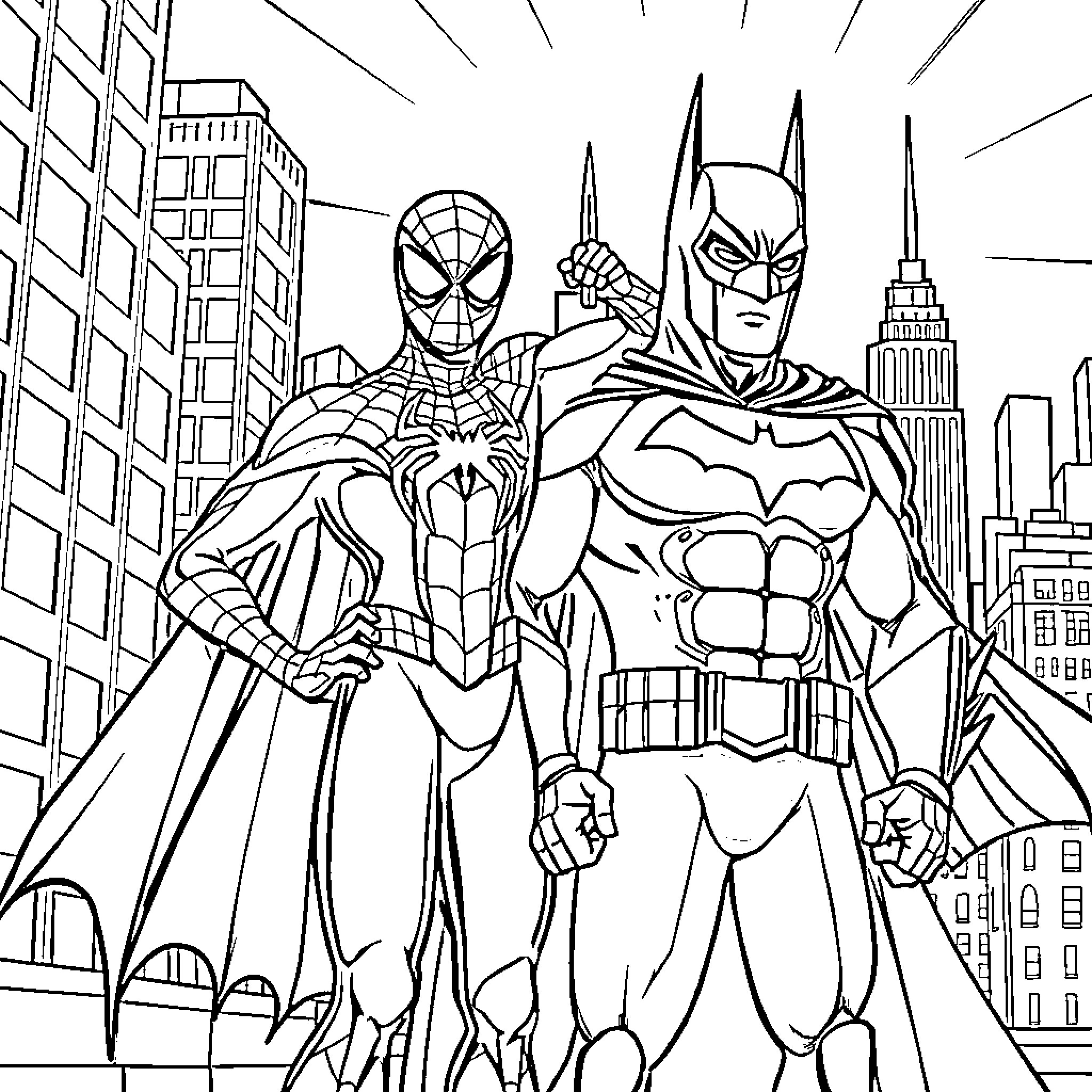 Superhero duo protecting the city skyline Coloring Page (free black-and-white line drawing printable PDF for all, from beginners to advanced learners, including children, teens, adults, and seniors)
