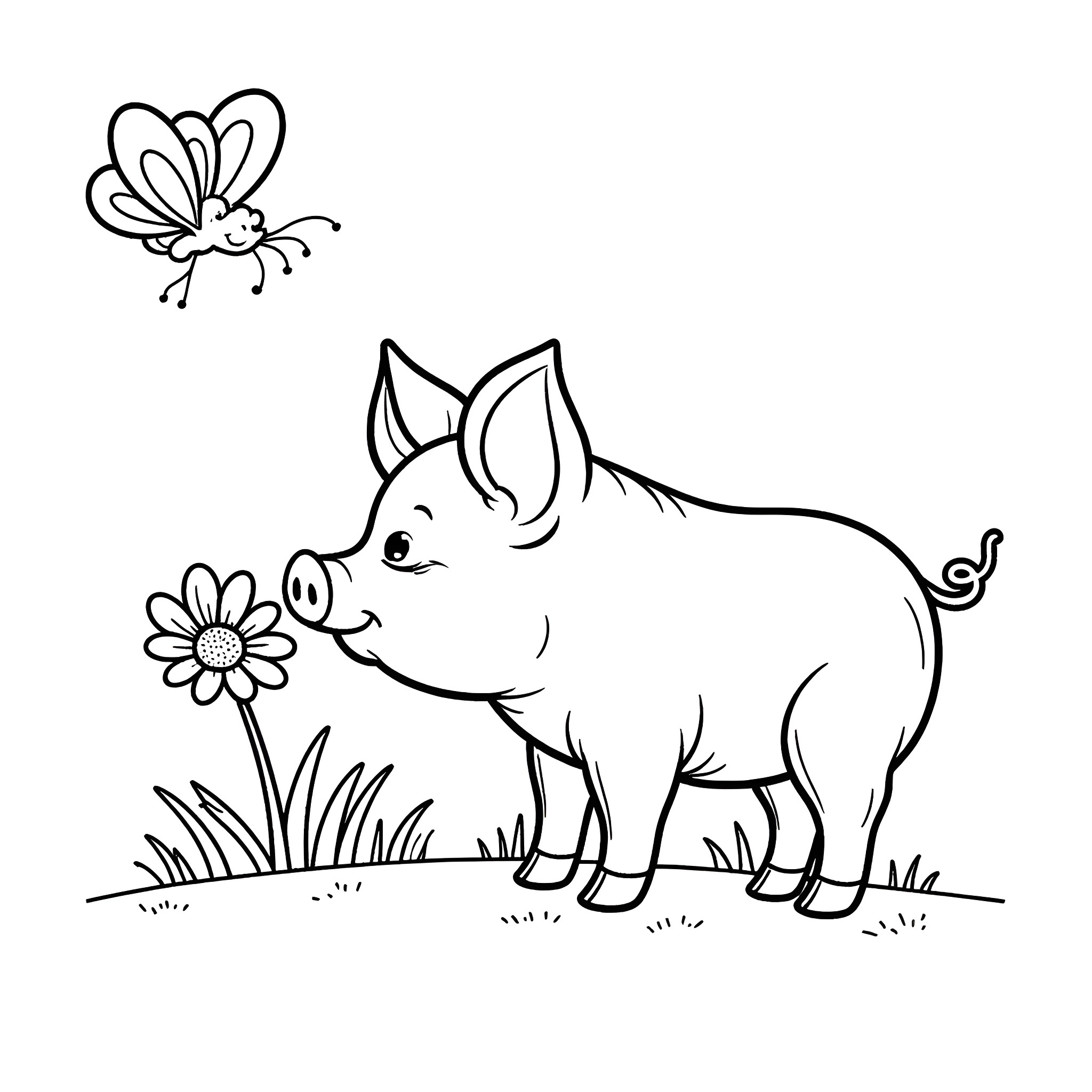 Pig enjoying nature with butterflies and flowers Coloring Page (free black-and-white line drawing printable PDF for all, from beginners to advanced learners, including children, teens, adults, and seniors)