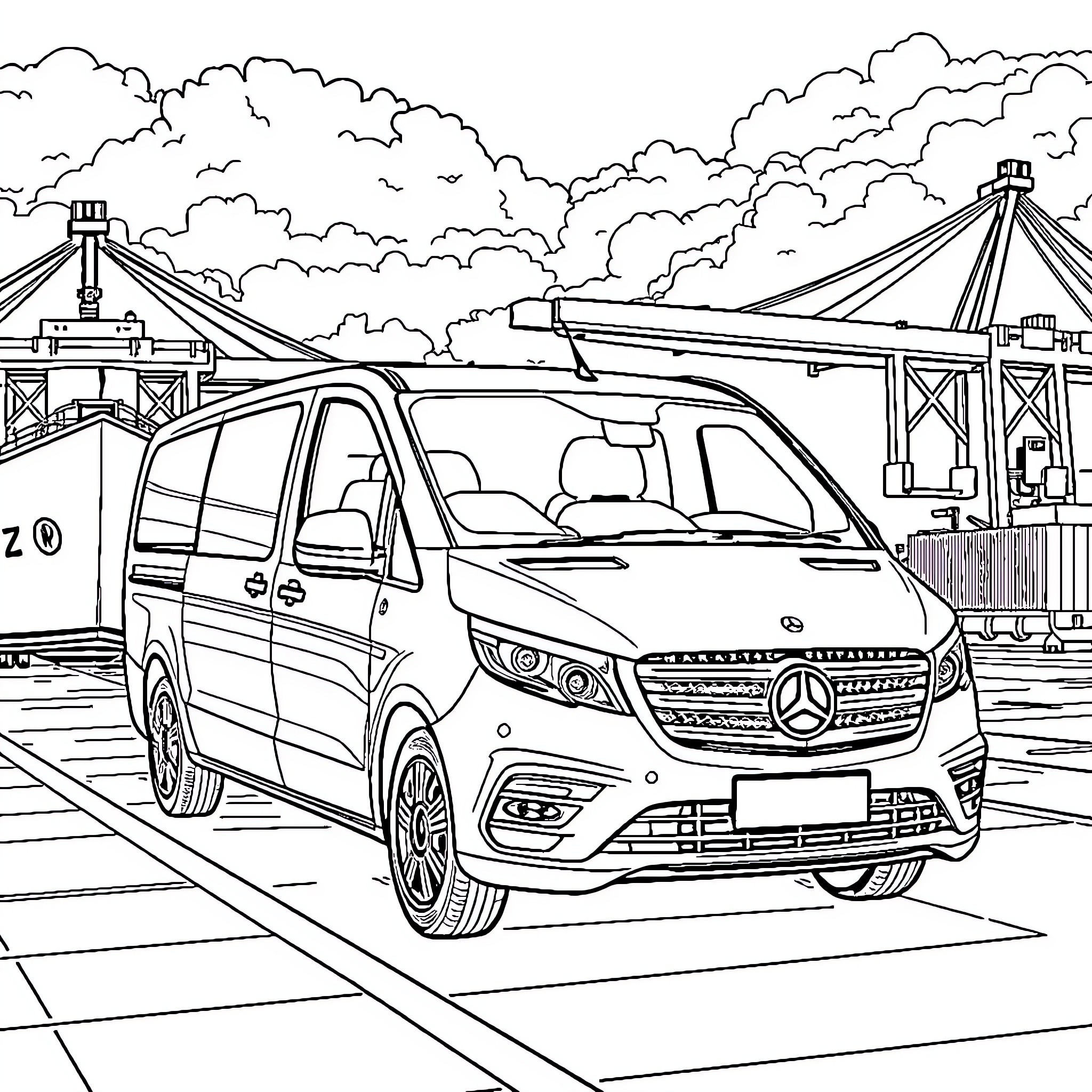 Autobus transporting passengers at busy port terminal Coloring Page (free black-and-white line drawing printable PDF for all, from beginners to advanced learners, including children, teens, adults, and seniors)