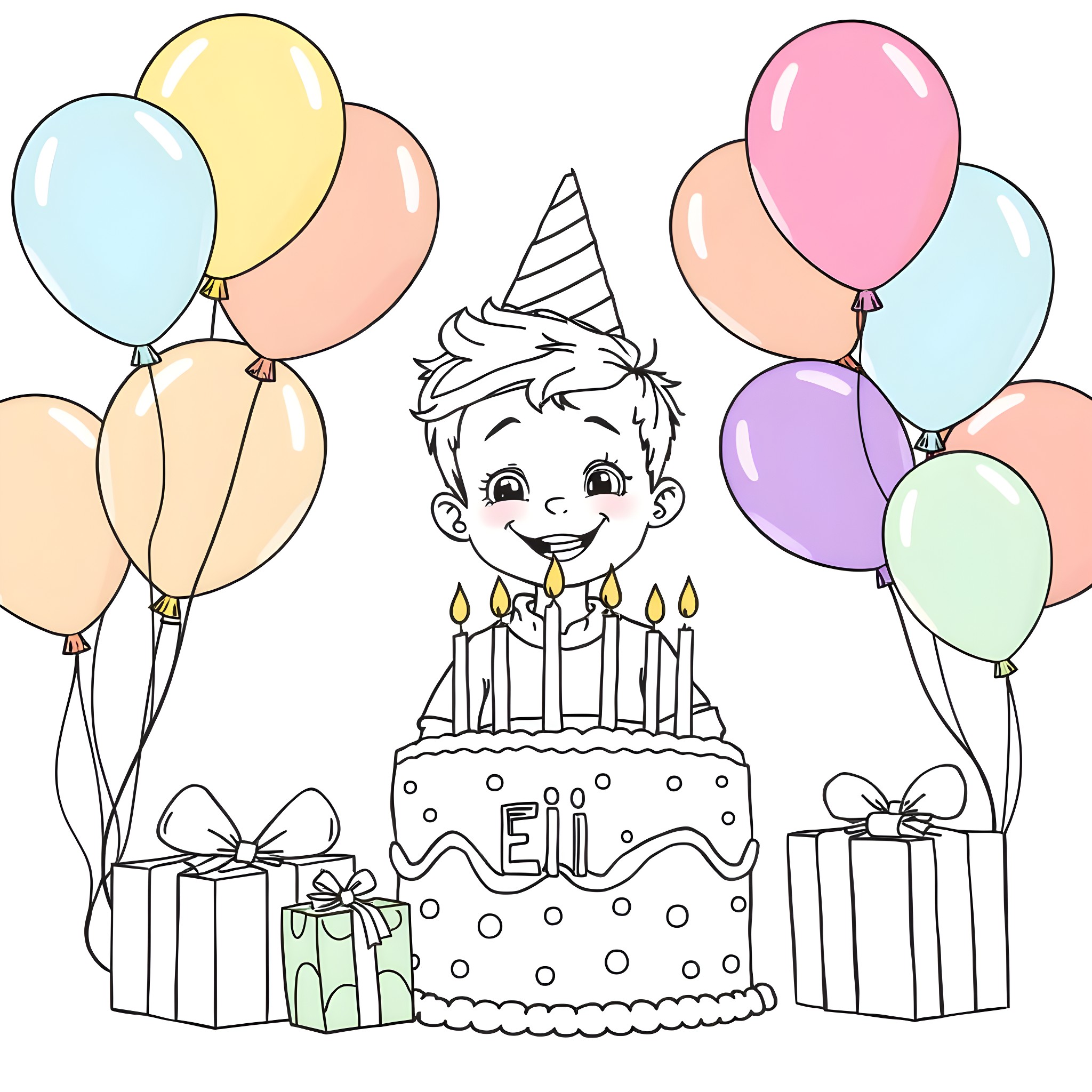Birthday Celebration with Colorful Balloons and Cake Coloring Page (free black-and-white line drawing printable PDF for all, from beginners to advanced learners, including children, teens, adults, and seniors)