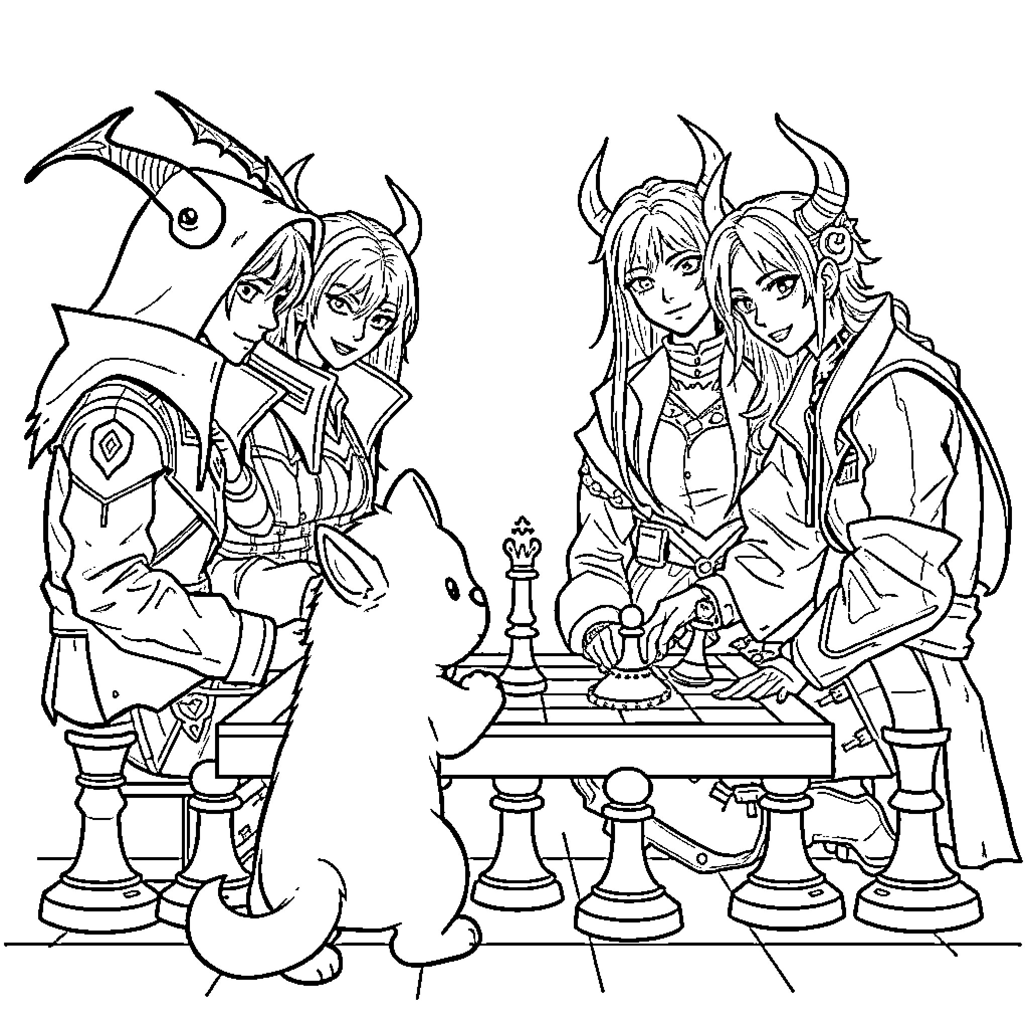 Demon Hunters Playing a Game of Chess Coloring Page (free black-and-white line drawing printable PDF for all, from beginners to advanced learners, including children, teens, adults, and seniors)