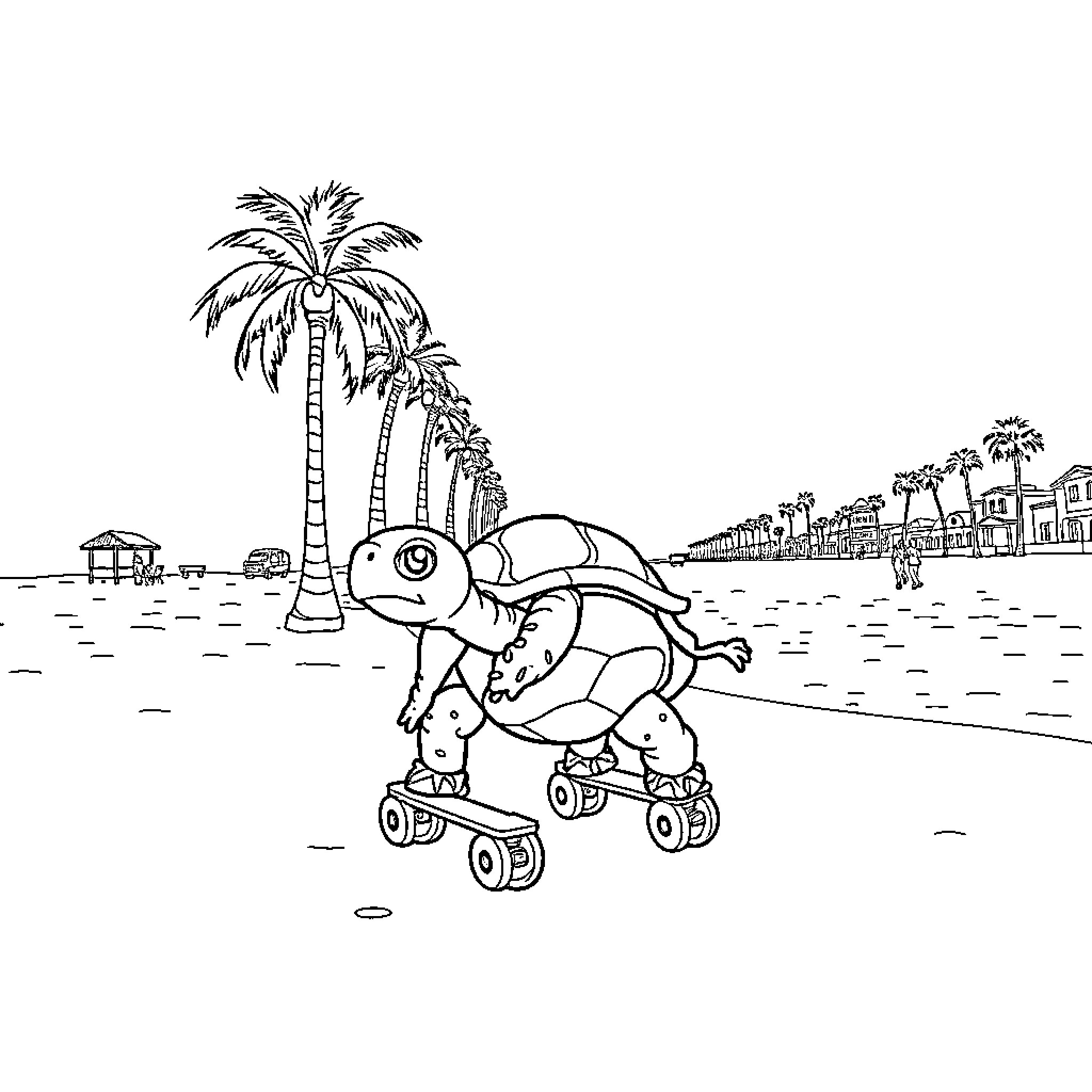Tortoise roller skating on the beach Coloring Page (free black-and-white line drawing printable PDF for all, from beginners to advanced learners, including children, teens, adults, and seniors)
