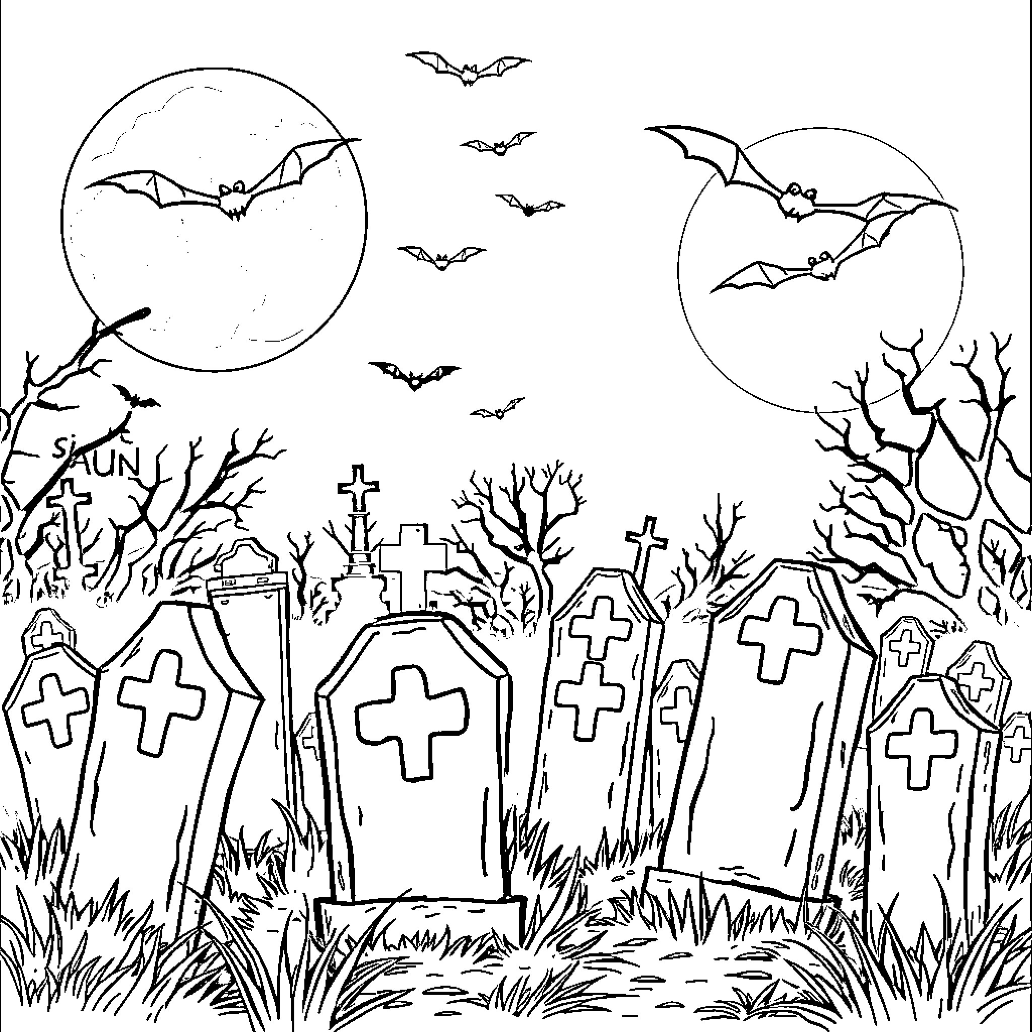 Graveyard with eerie tombstones under a moonlit sky Coloring Page (free black-and-white line drawing printable PDF for all, from beginners to advanced learners, including children, teens, adults, and seniors)