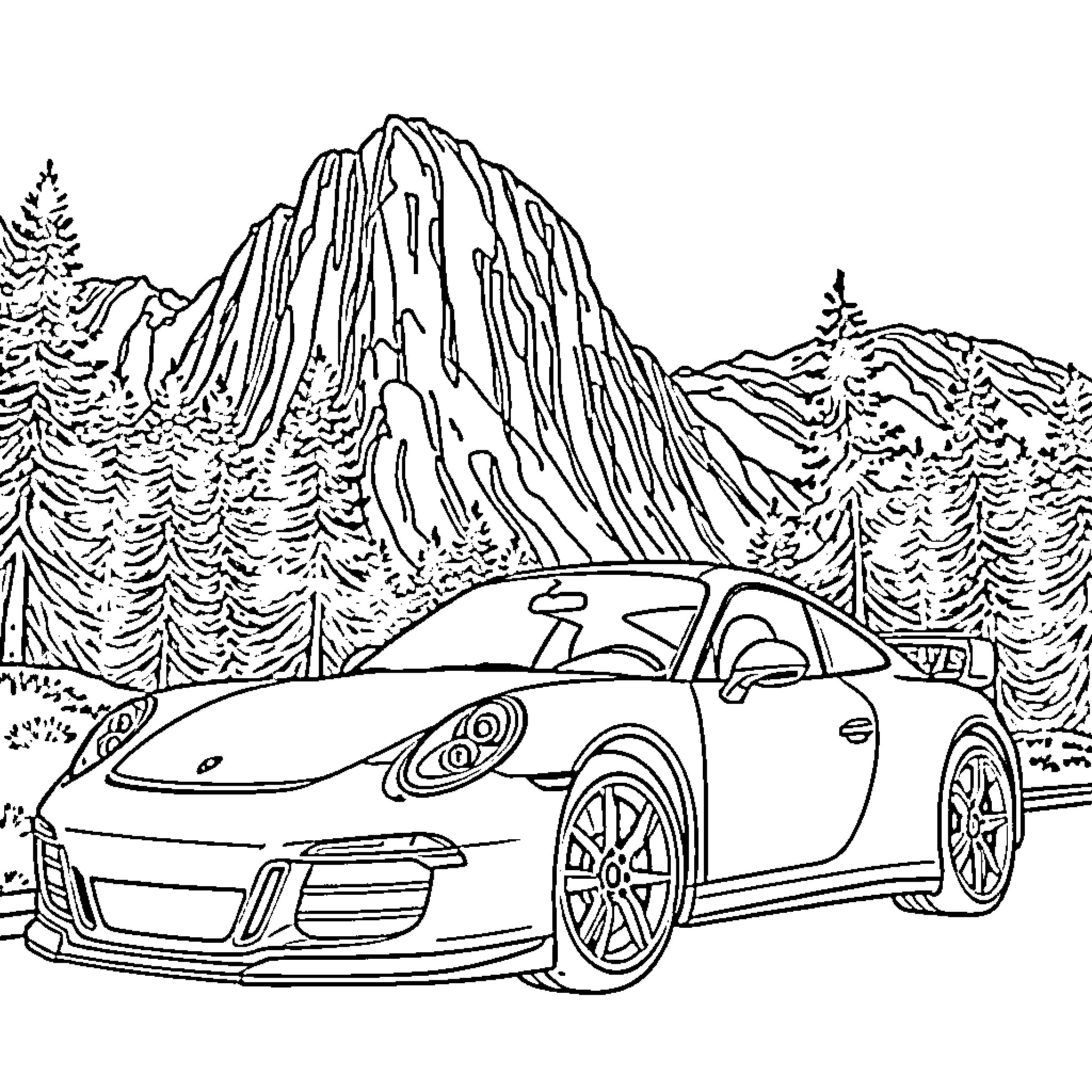 Porsche sports car driving through mountain landscape Coloring Page (free black-and-white line drawing printable PDF for all, from beginners to advanced learners, including children, teens, adults, and seniors)