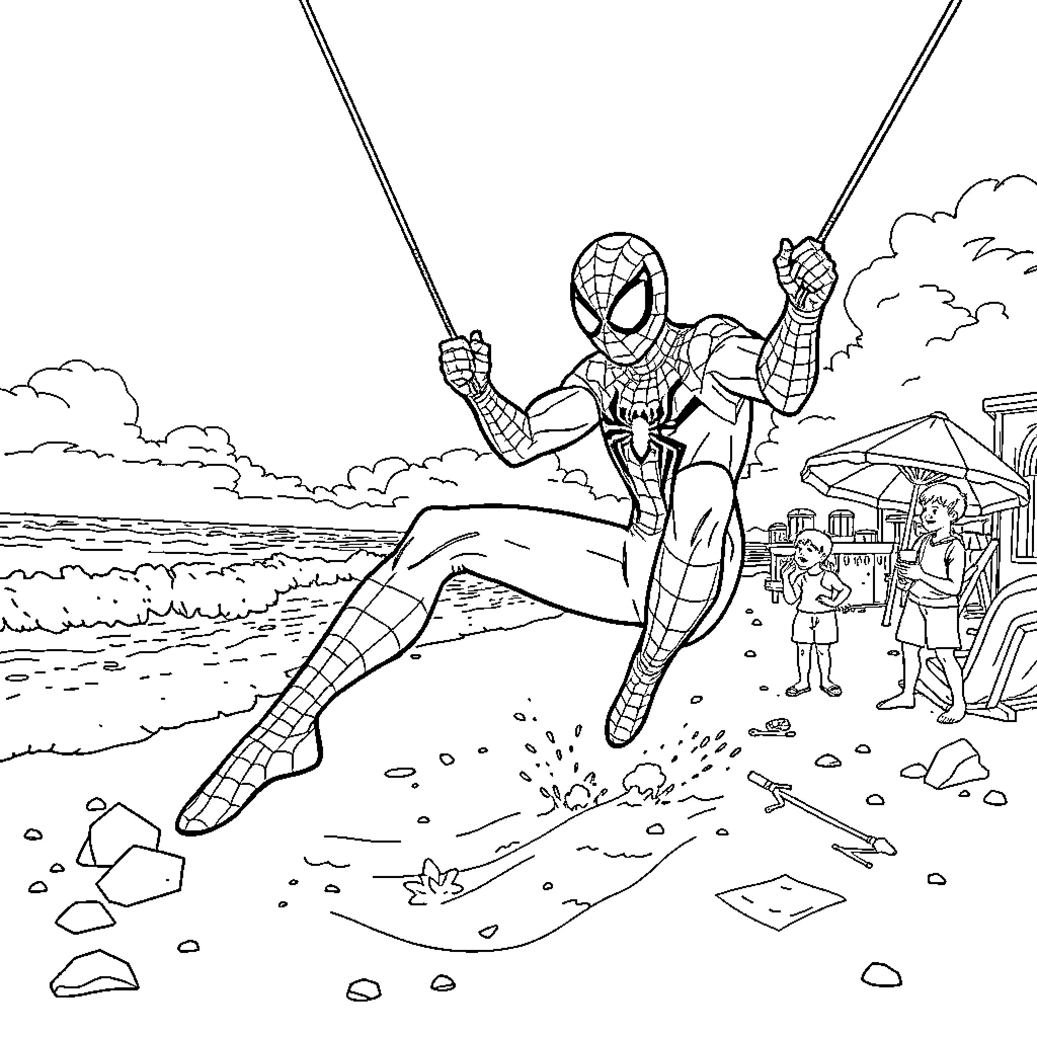 Spider-Man Swinging into Action on the Beach Coloring Page (free black-and-white line drawing printable PDF for all, from beginners to advanced learners, including children, teens, adults, and seniors)