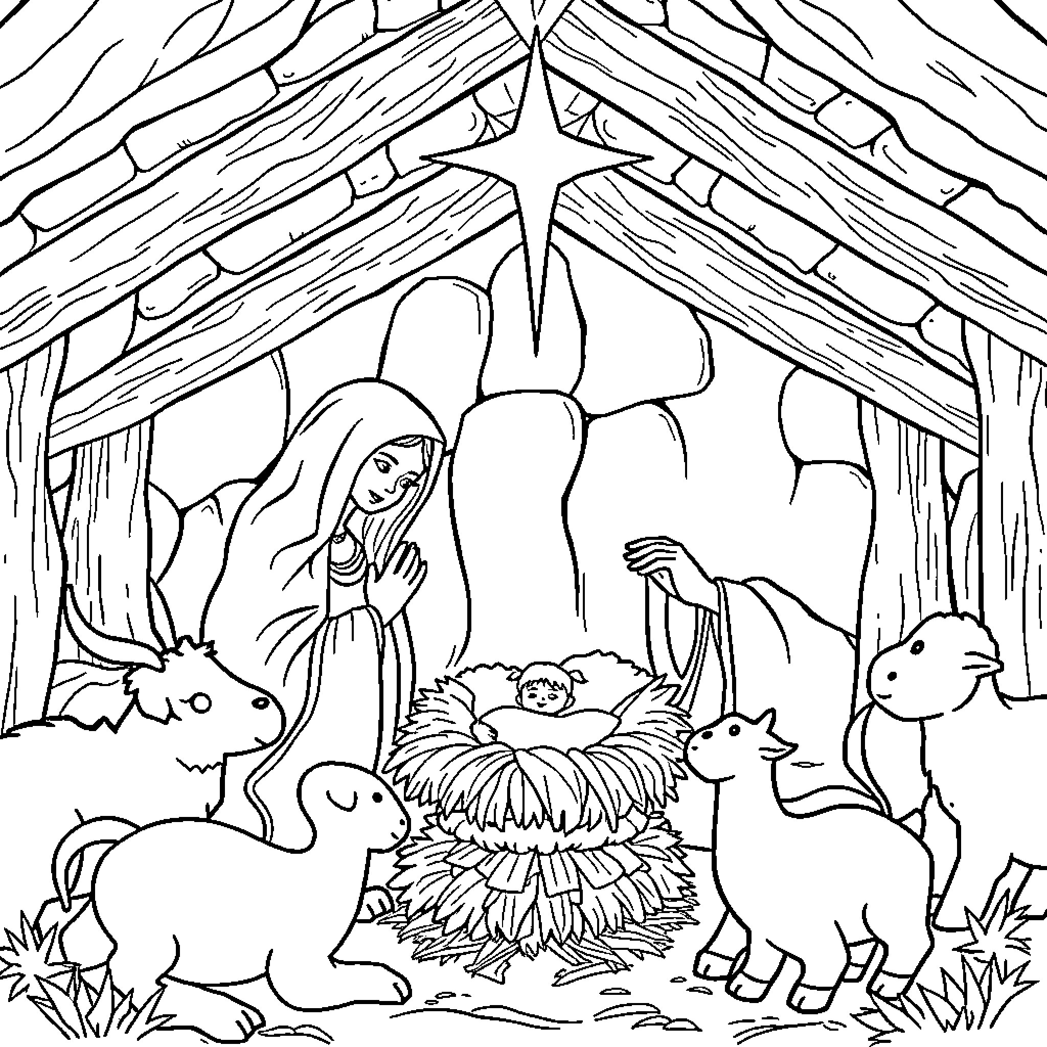 Jesus with animals in the manger Coloring Page (free black-and-white line drawing printable PDF for all, from beginners to advanced learners, including children, teens, adults, and seniors)
