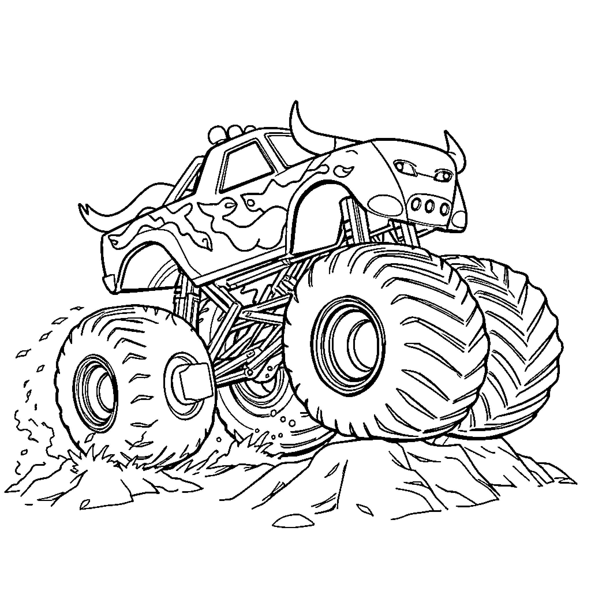 Monster Truck Crushing Rocks on the Terrain Coloring Page (free black-and-white line drawing printable PDF for all, from beginners to advanced learners, including children, teens, adults, and seniors)