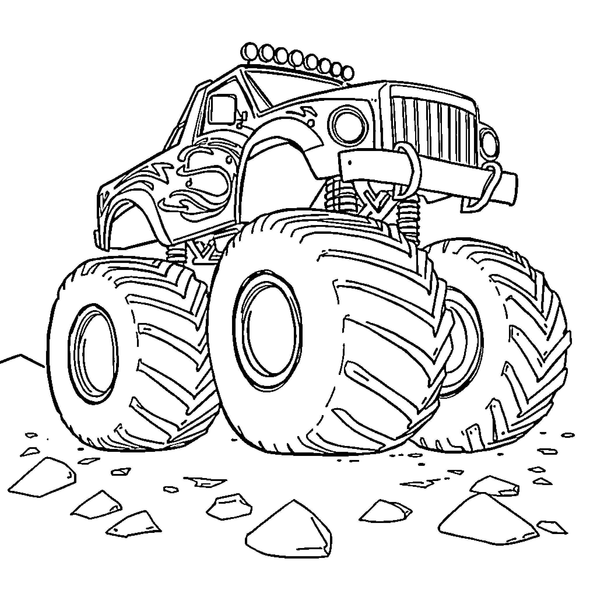 Monster Truck Crushing Rocks on the Road Coloring Page (free black-and-white line drawing printable PDF for all, from beginners to advanced learners, including children, teens, adults, and seniors)