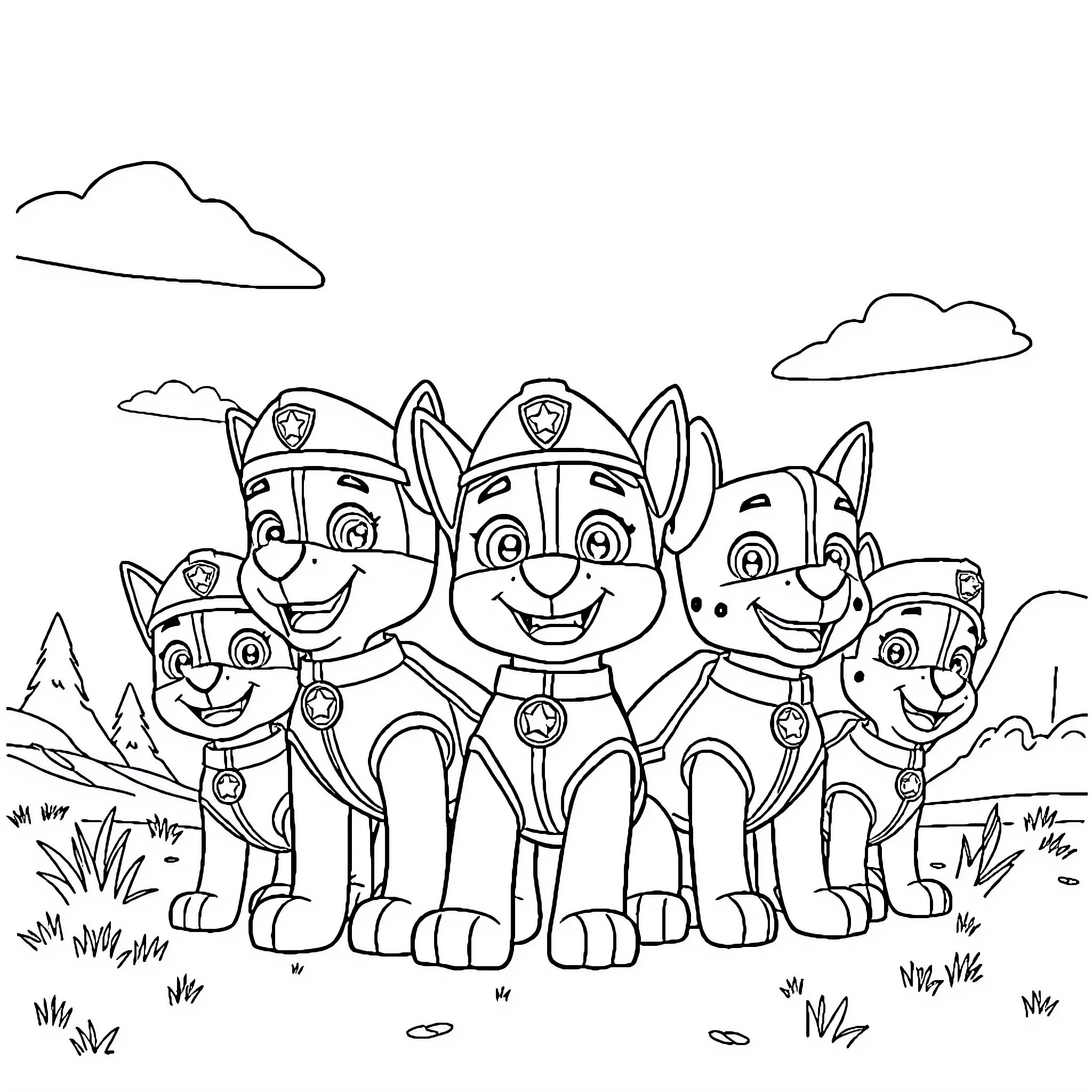 Paw Patrol puppies in action posing together Coloring Page (free black-and-white line drawing printable PDF for all, from beginners to advanced learners, including children, teens, adults, and seniors)