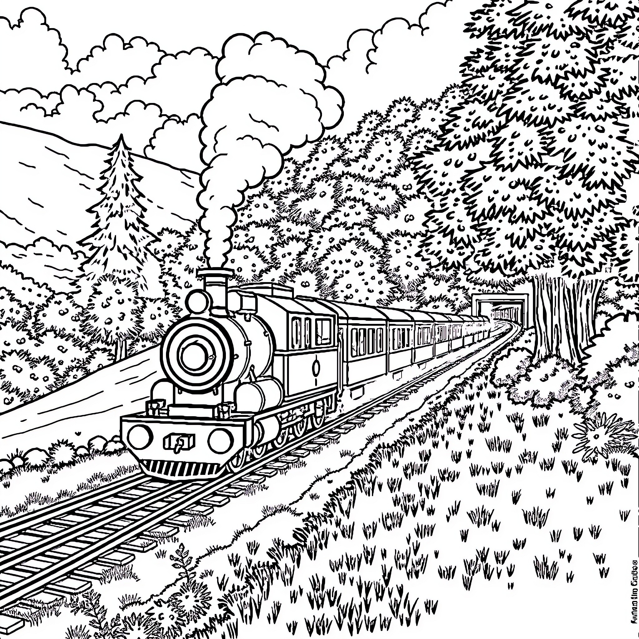 Train travels through scenic forest landscape Coloring Page (free black-and-white line drawing printable PDF for all, from beginners to advanced learners, including children, teens, adults, and seniors)