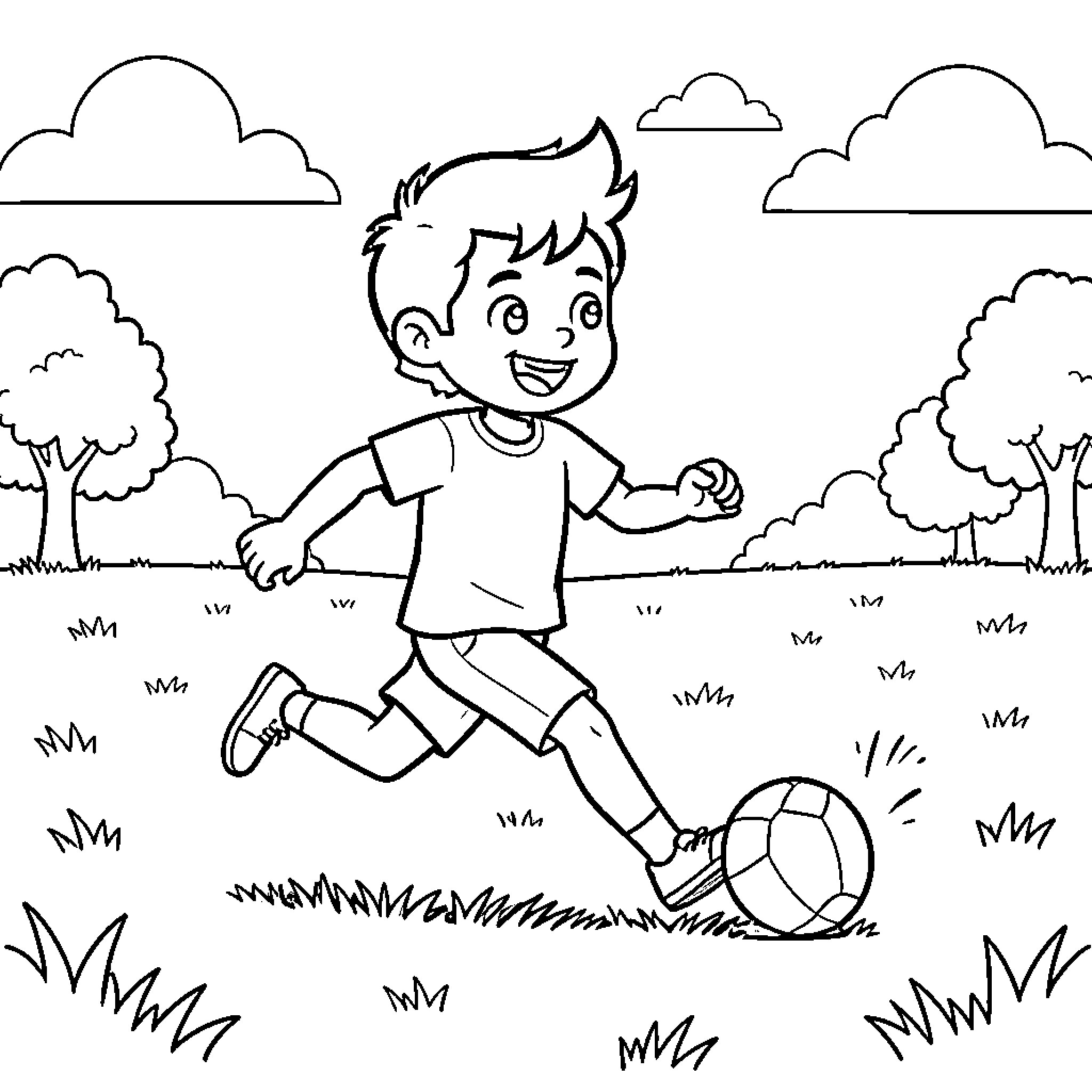 Blippi style boy playing soccer in a park Coloring Page (free black-and-white line drawing printable PDF for all, from beginners to advanced learners, including children, teens, adults, and seniors)