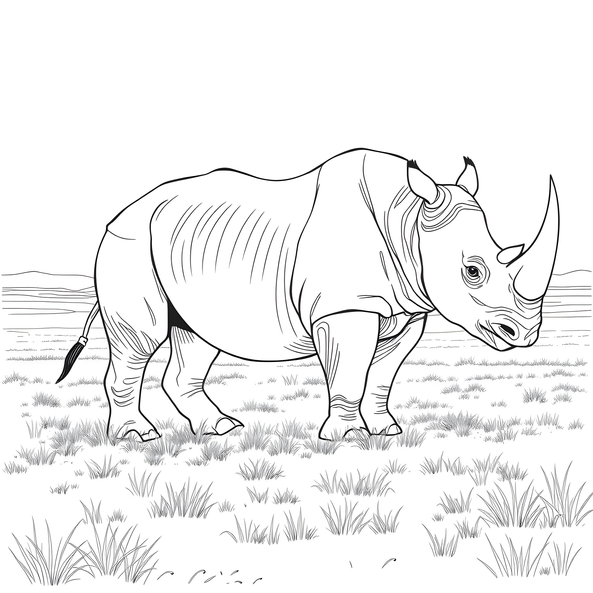 Rhinoceros standing firmly in the wild grassland Coloring Page (free black-and-white line drawing printable PDF for all, from beginners to advanced learners, including children, teens, adults, and seniors)