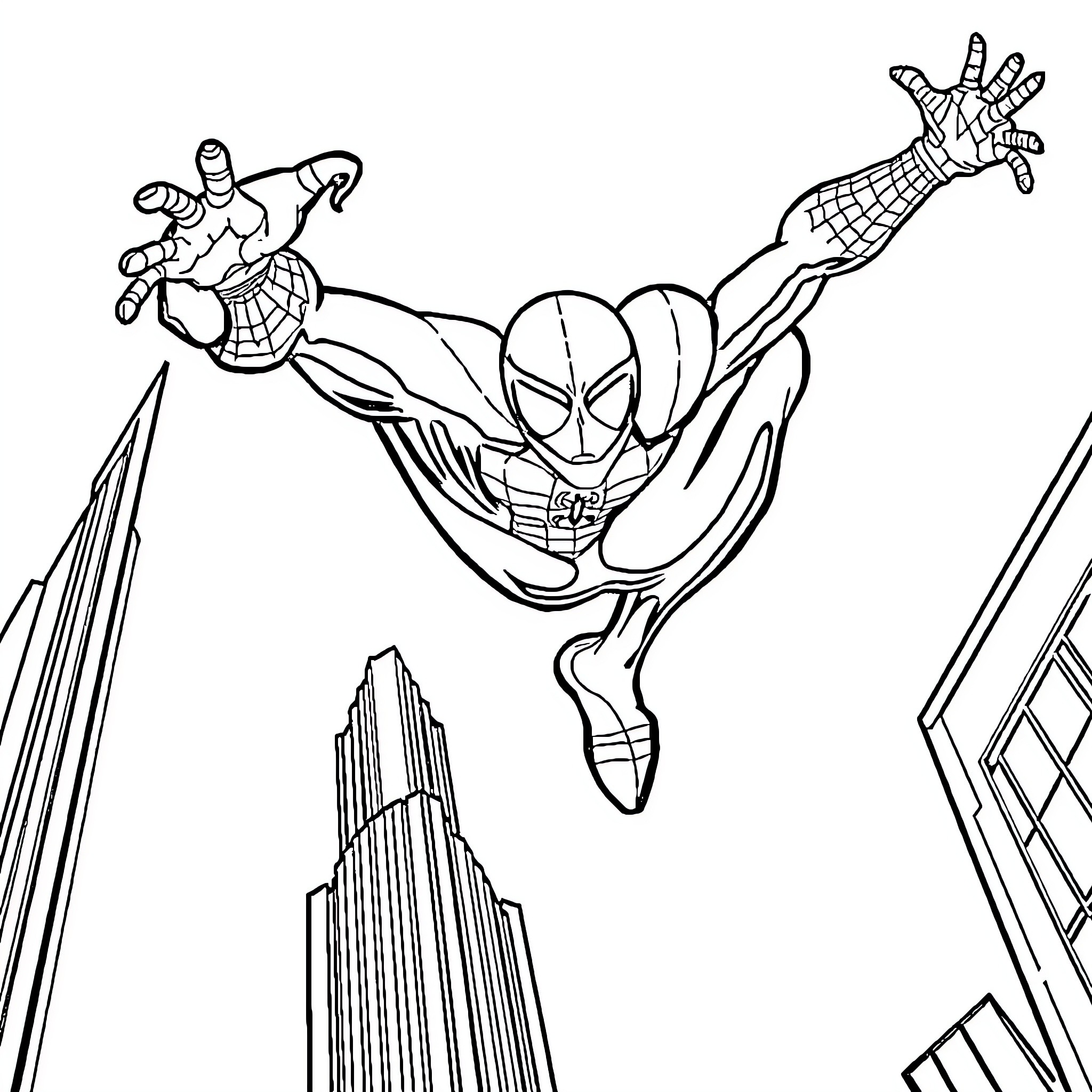 Spiderman swinging over the city skyline Coloring Page (free black-and-white line drawing printable PDF for all, from beginners to advanced learners, including children, teens, adults, and seniors)