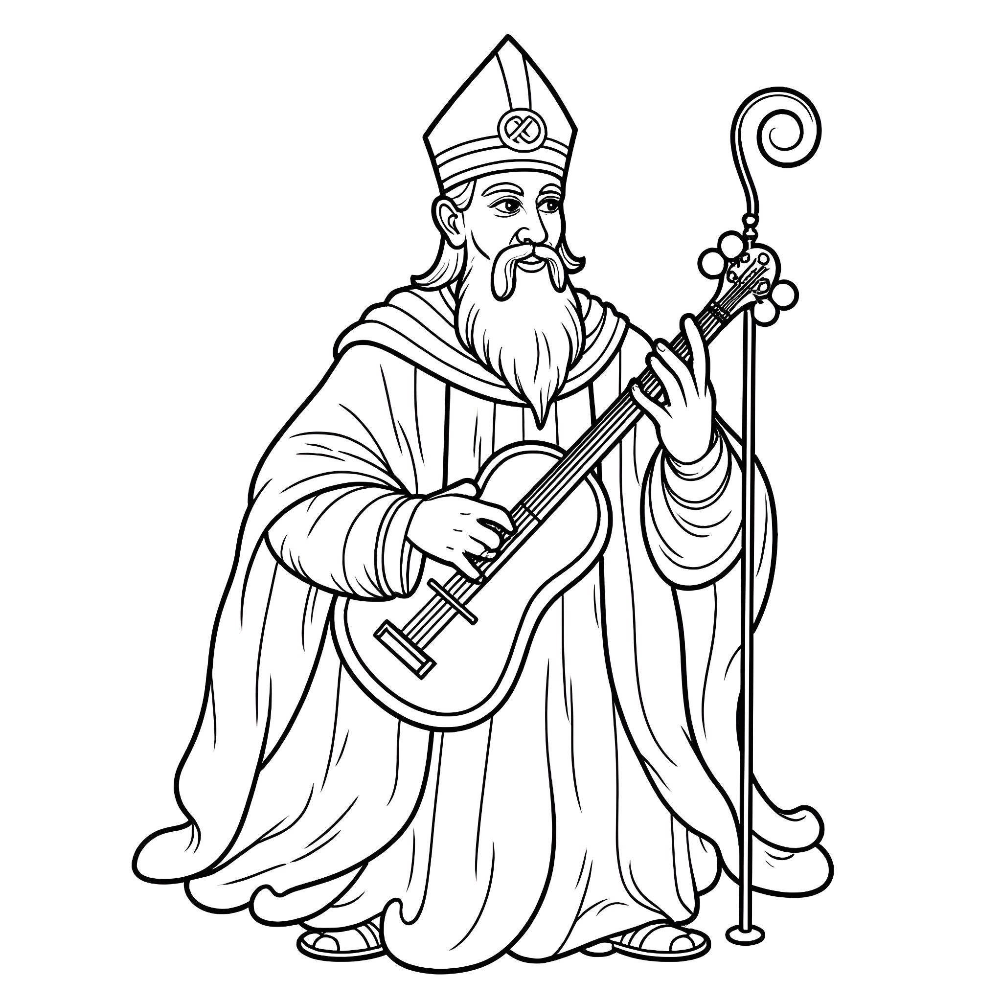 Pope playing guitar in ceremonial robes Coloring Page (free black-and-white line drawing printable PDF for all, from beginners to advanced learners, including children, teens, adults, and seniors)
