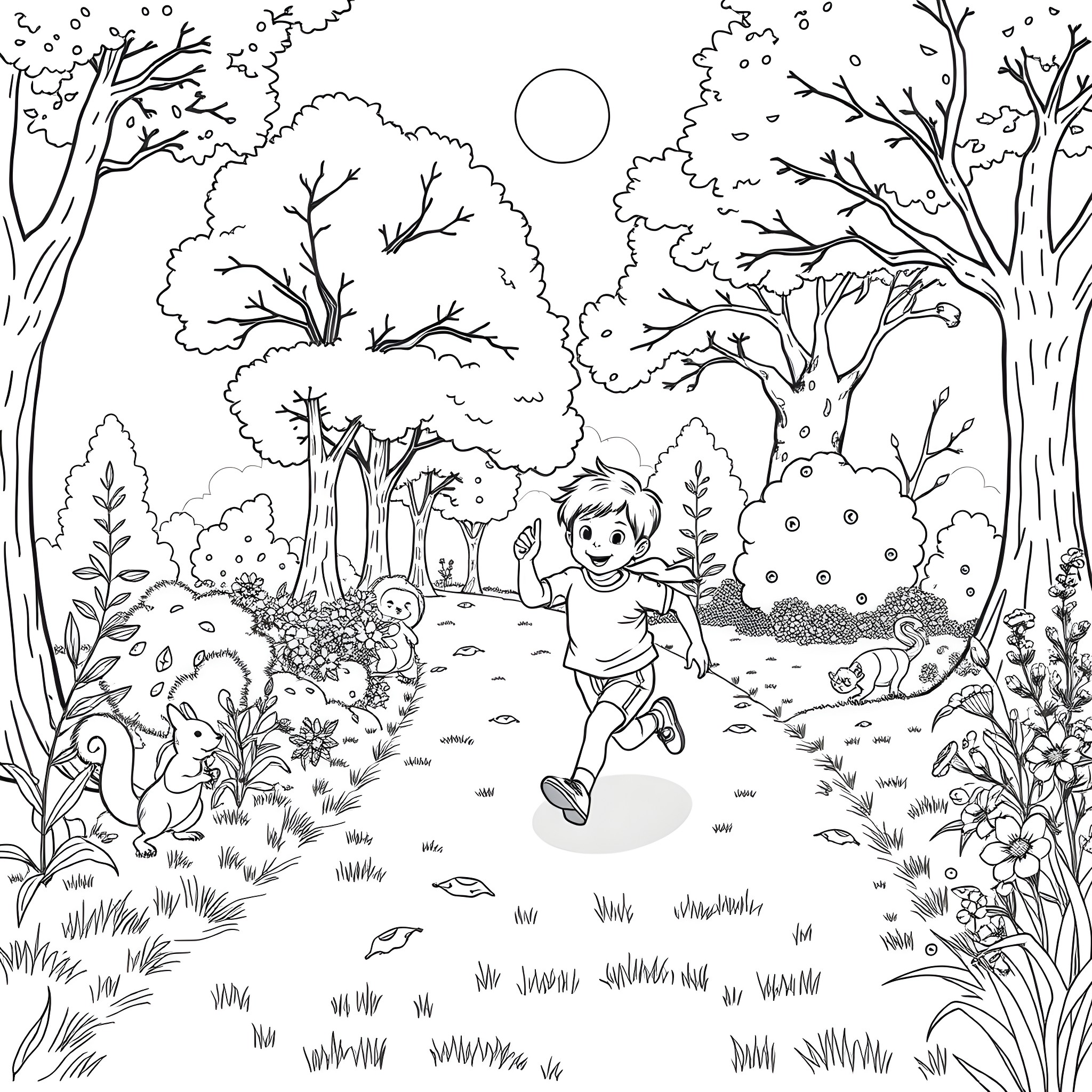Child playing in the enchanted forest Coloring Page (free black-and-white line drawing printable PDF for all, from beginners to advanced learners, including children, teens, adults, and seniors)