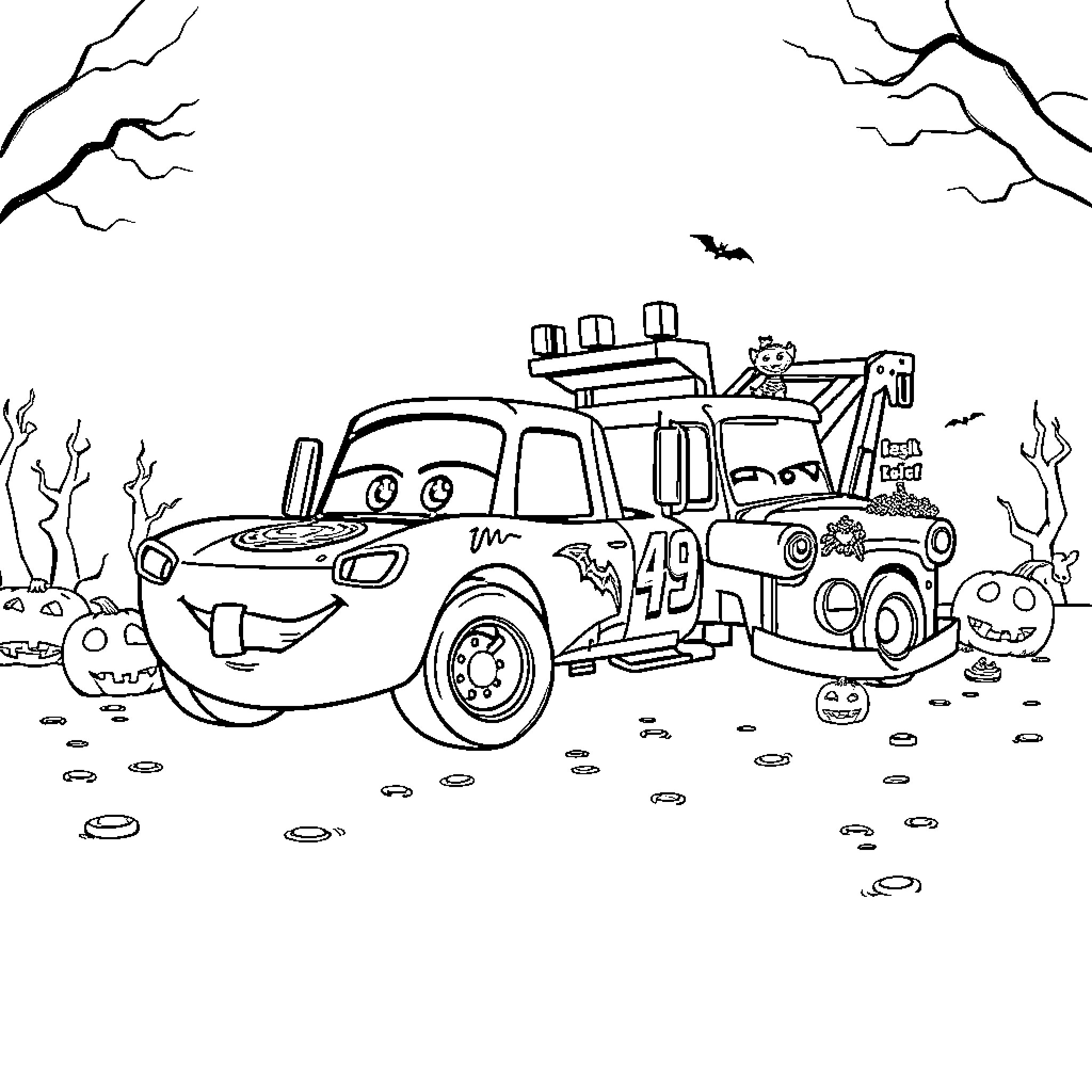 Lightning McQueen's Halloween Adventure Coloring Page (free black-and-white line drawing printable PDF for all, from beginners to advanced learners, including children, teens, adults, and seniors)