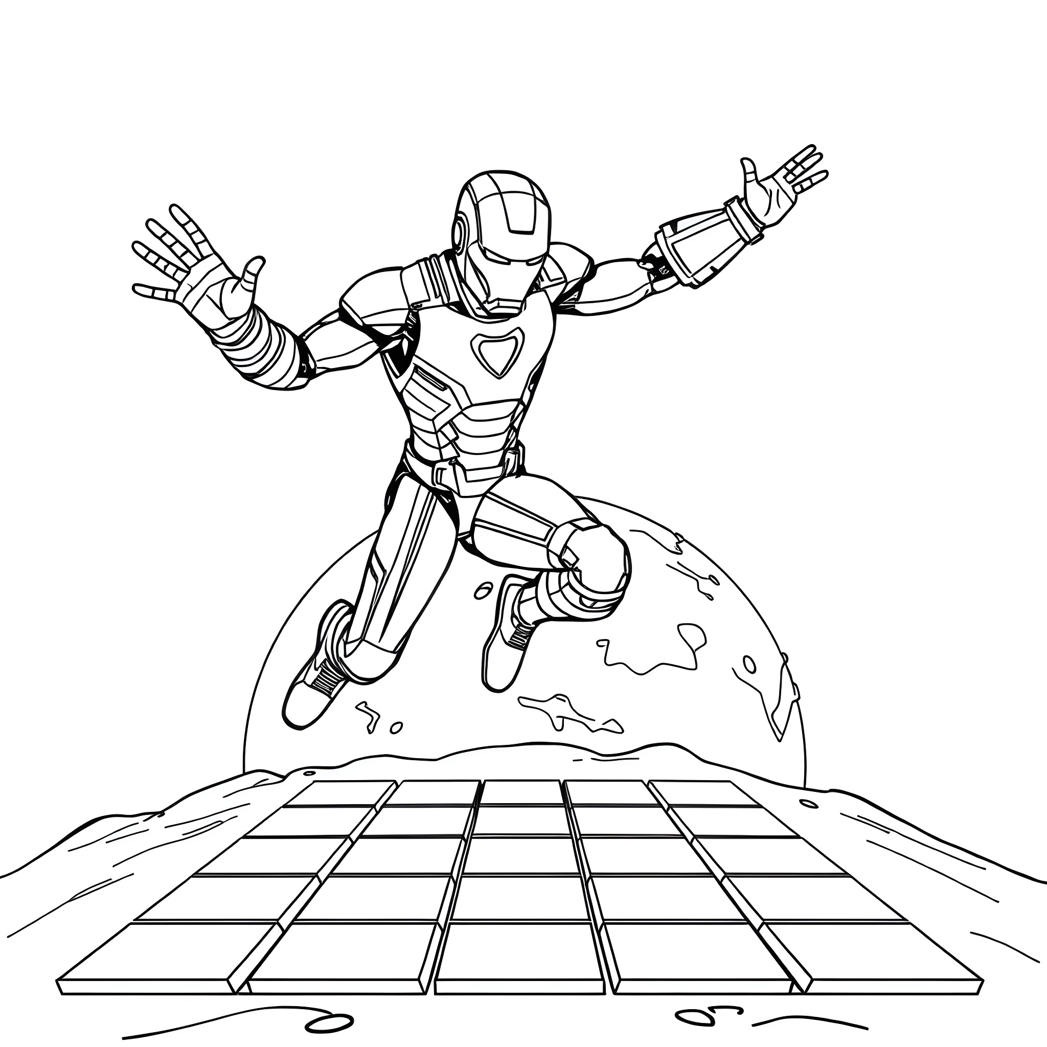 Iron Man Heroically Soaring Above the Earth Coloring Page (free black-and-white line drawing printable PDF for all, from beginners to advanced learners, including children, teens, adults, and seniors)
