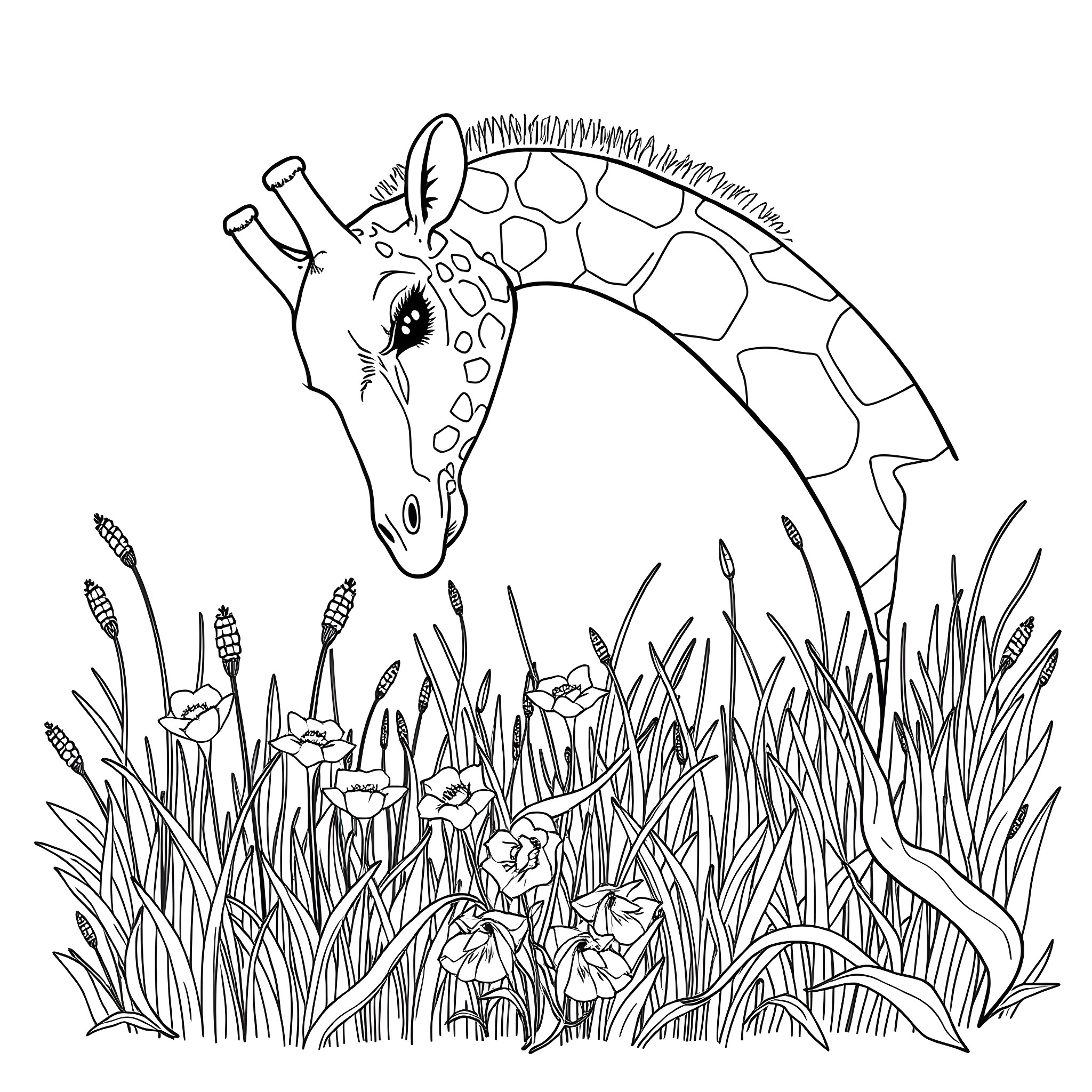 Giraffe exploring colorful wildflowers in the meadow Coloring Page (free black-and-white line drawing printable PDF for all, from beginners to advanced learners, including children, teens, adults, and seniors)