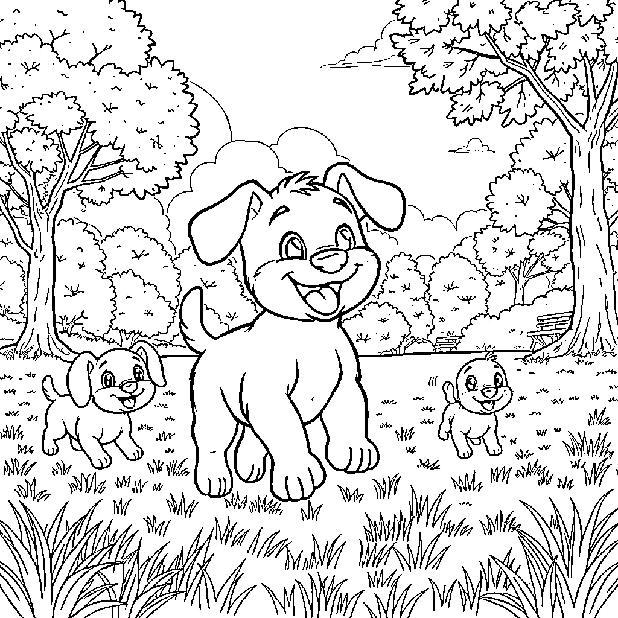 Bluey's Playful Pups in the Lush Forest Coloring Page (free black-and-white line drawing printable PDF for all, from beginners to advanced learners, including children, teens, adults, and seniors)