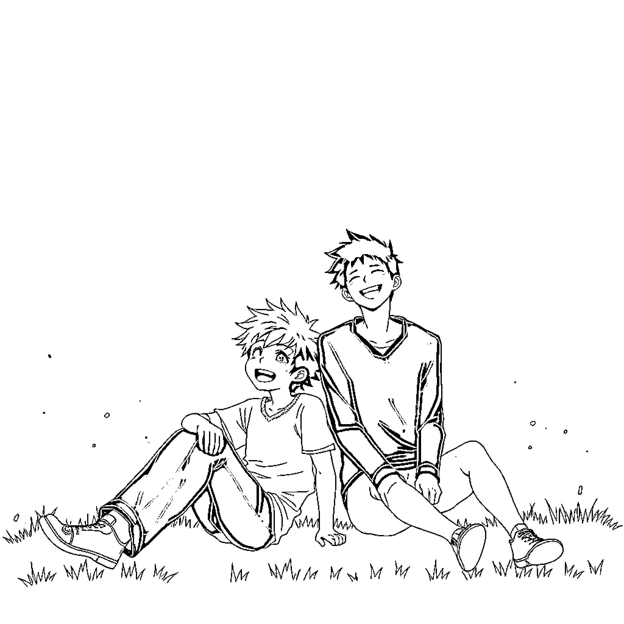 Izuku and Katsuki sharing a lighthearted moment together Coloring Page (free black-and-white line drawing printable PDF for all, from beginners to advanced learners, including children, teens, adults, and seniors)