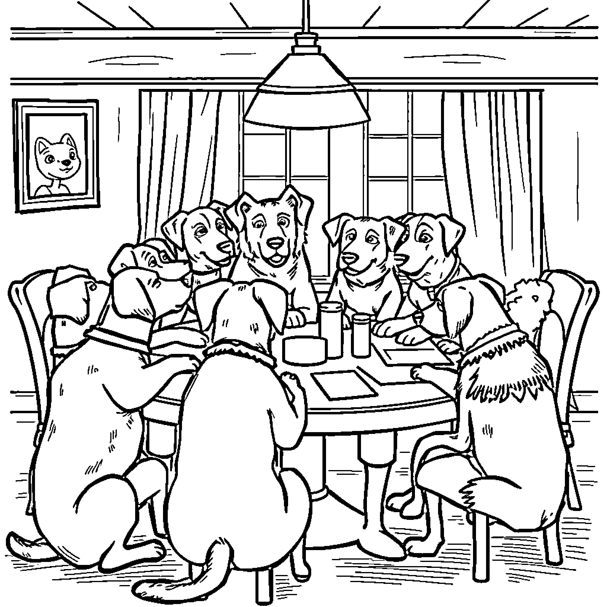 Dogs enjoying a meal together Coloring Page (free black-and-white line drawing printable PDF for all, from beginners to advanced learners, including children, teens, adults, and seniors)