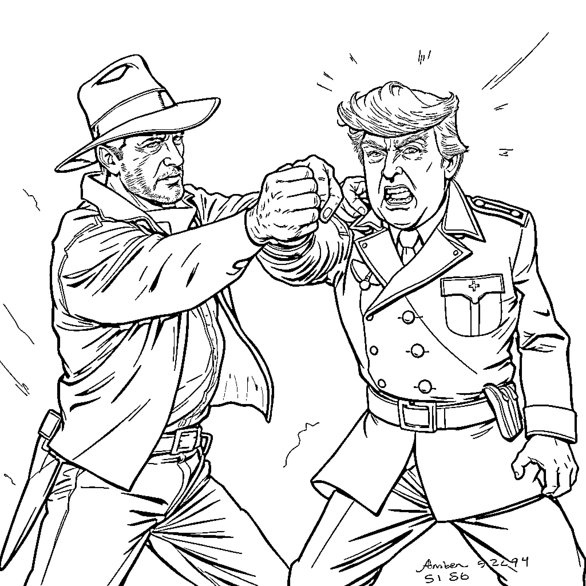 Indiana Jones battles a Nazi military officer Coloring Page (free black-and-white line drawing printable PDF for all, from beginners to advanced learners, including children, teens, adults, and seniors)