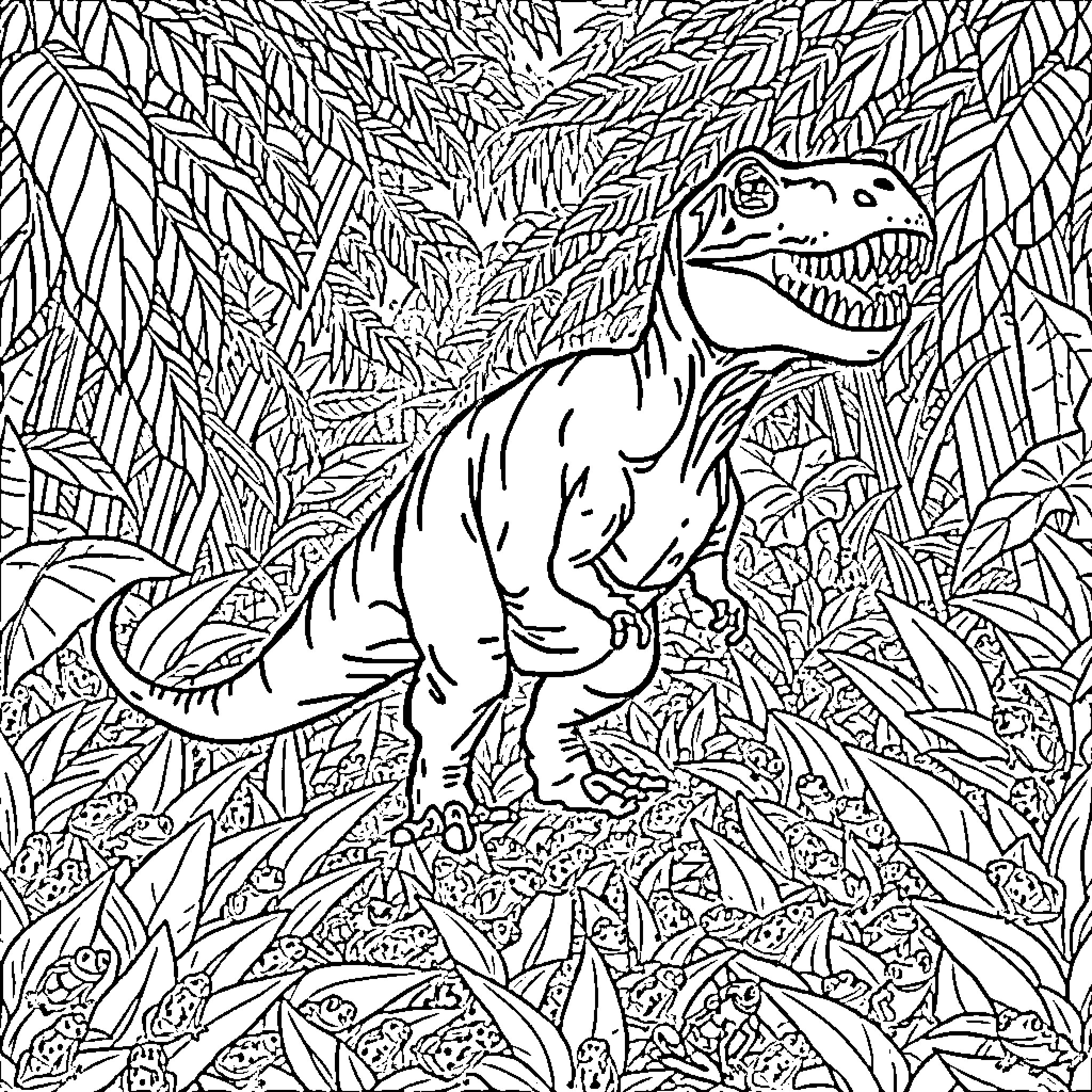 T-Rex Stomping Through Dense Jungle Foliage Coloring Page (free black-and-white line drawing printable PDF for all, from beginners to advanced learners, including children, teens, adults, and seniors)