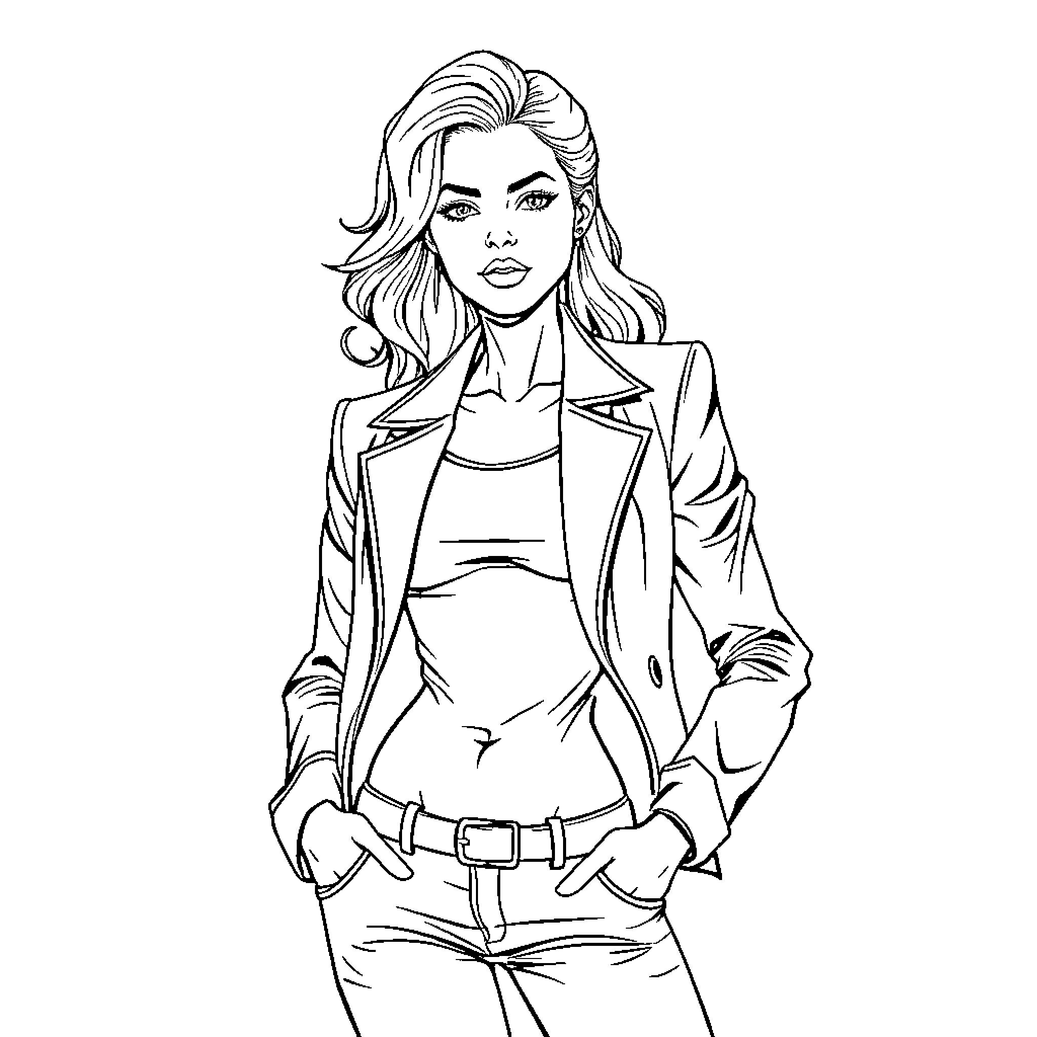 Female in professional business attire Coloring Page (free black-and-white line drawing printable PDF for all, from beginners to advanced learners, including children, teens, adults, and seniors)