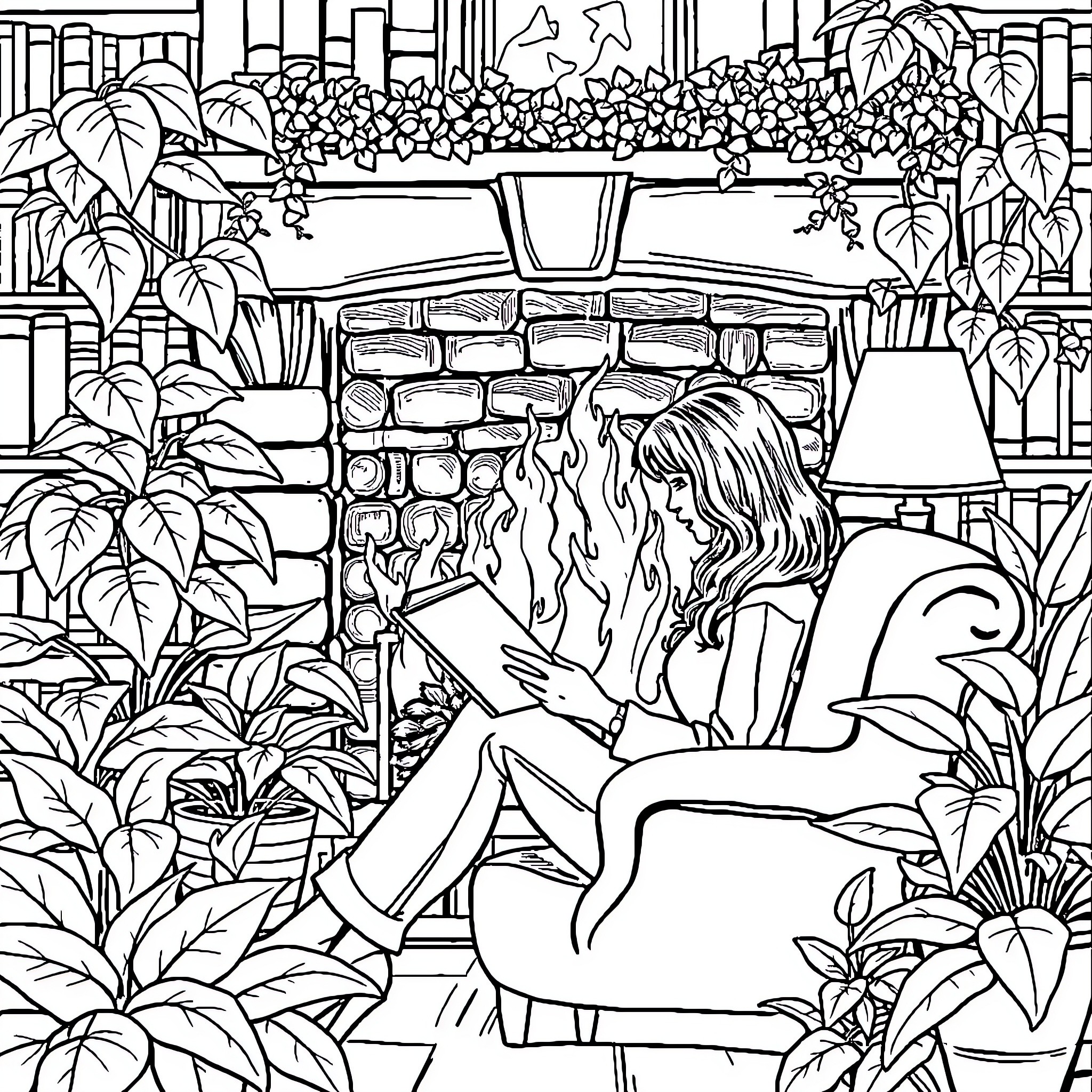 Woman Reading a Book by the Fireplace Coloring Page (free black-and-white line drawing printable PDF for all, from beginners to advanced learners, including children, teens, adults, and seniors)