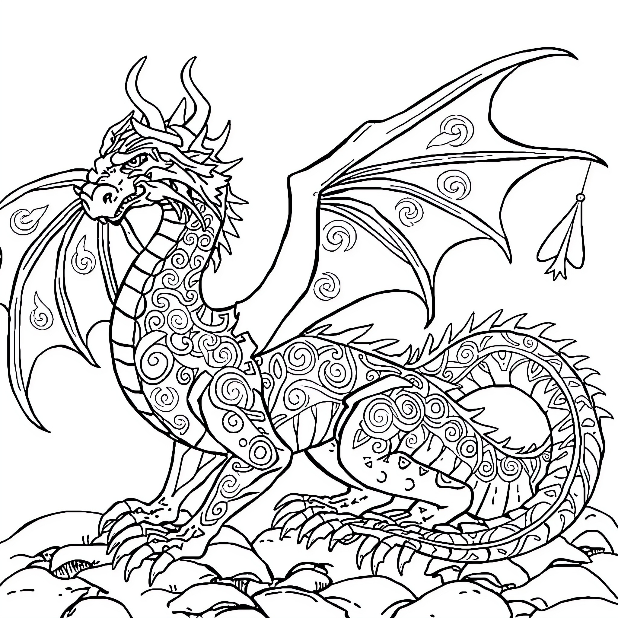 Dragon with intricate patterns and flowing wings Coloring Page (free black-and-white line drawing printable PDF for all, from beginners to advanced learners, including children, teens, adults, and seniors)