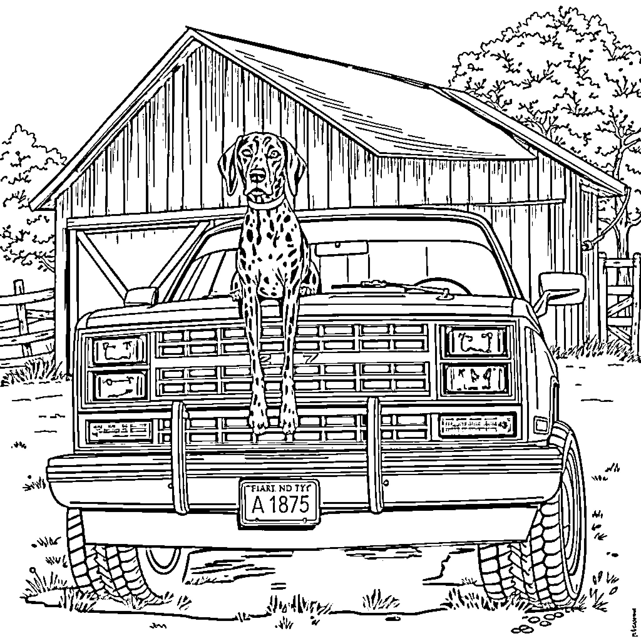 Chevy truck with a friendly dog in a rural setting Coloring Page (free black-and-white line drawing printable PDF for all, from beginners to advanced learners, including children, teens, adults, and seniors)