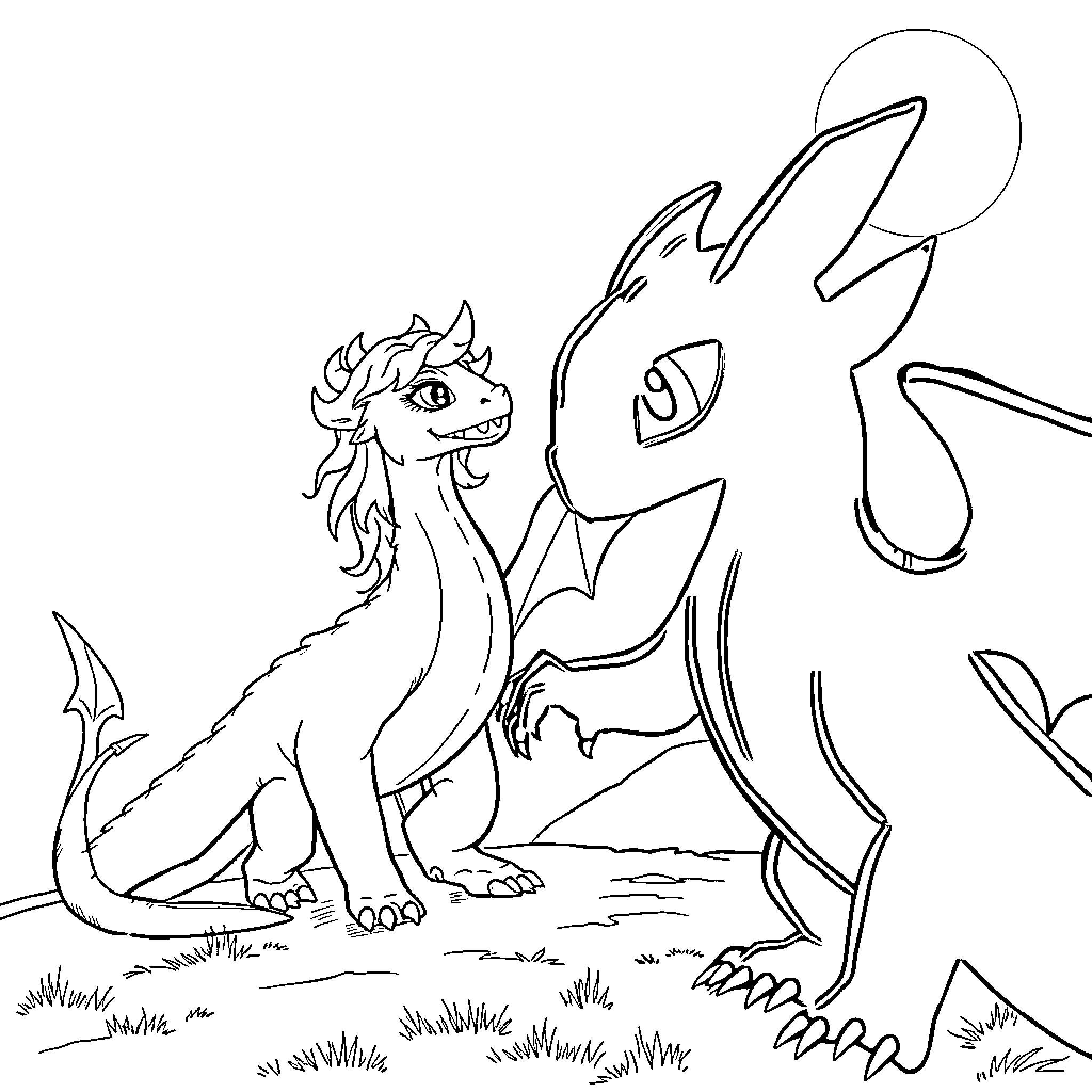 Toothless dragons playing in the meadow Coloring Page (free black-and-white line drawing printable PDF for all, from beginners to advanced learners, including children, teens, adults, and seniors)