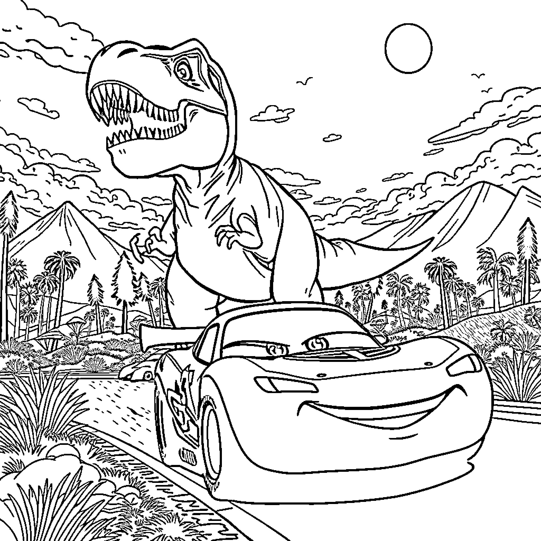 Lightning McQueen's Jurassic Adventure Coloring Page (free black-and-white line drawing printable PDF for all, from beginners to advanced learners, including children, teens, adults, and seniors)