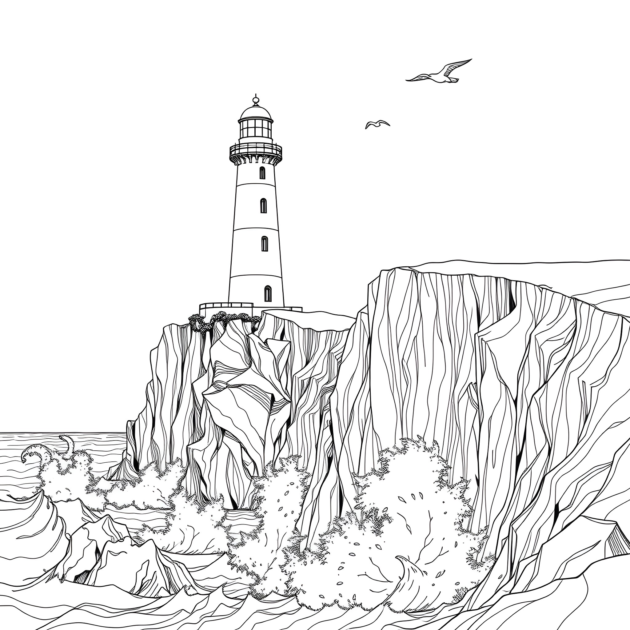 Lighthouse standing tall on rocky coastline Coloring Page (free black-and-white line drawing printable PDF for all, from beginners to advanced learners, including children, teens, adults, and seniors)
