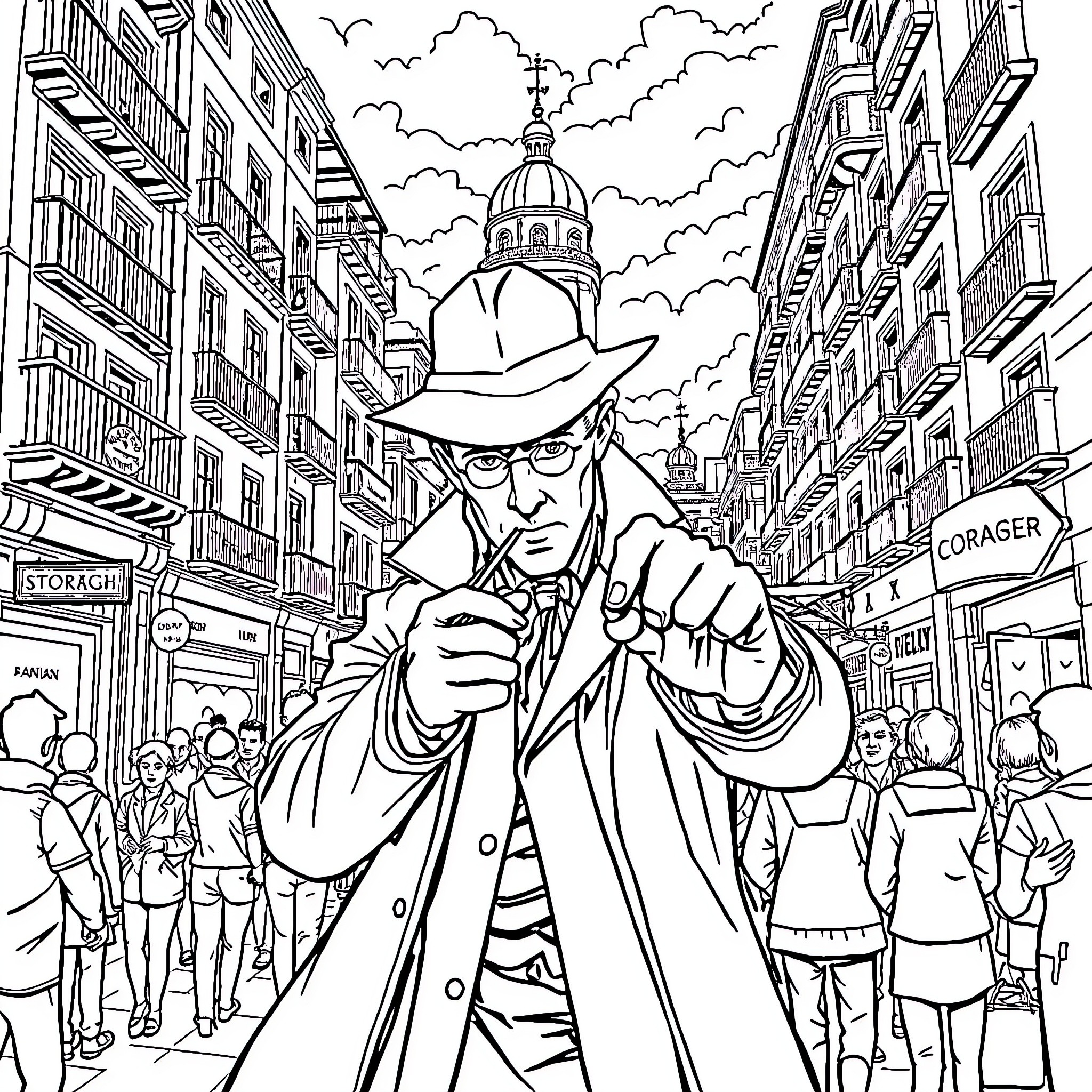 Sherlock Holmes investigating a case on a busy city street Coloring Page (free black-and-white line drawing printable PDF for all, from beginners to advanced learners, including children, teens, adults, and seniors)