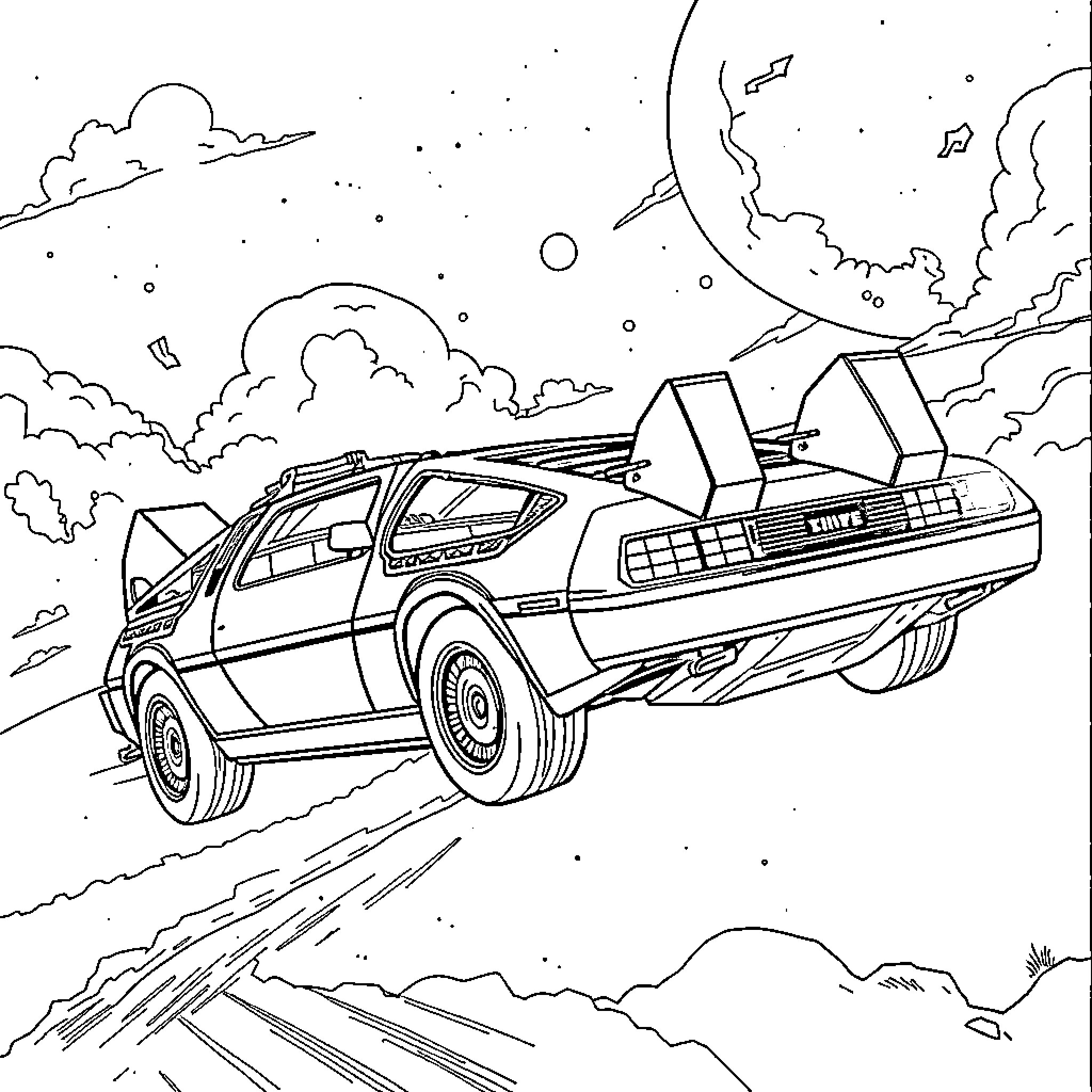 DeLorean time machine soaring through the skies Coloring Page (free black-and-white line drawing printable PDF for all, from beginners to advanced learners, including children, teens, adults, and seniors)