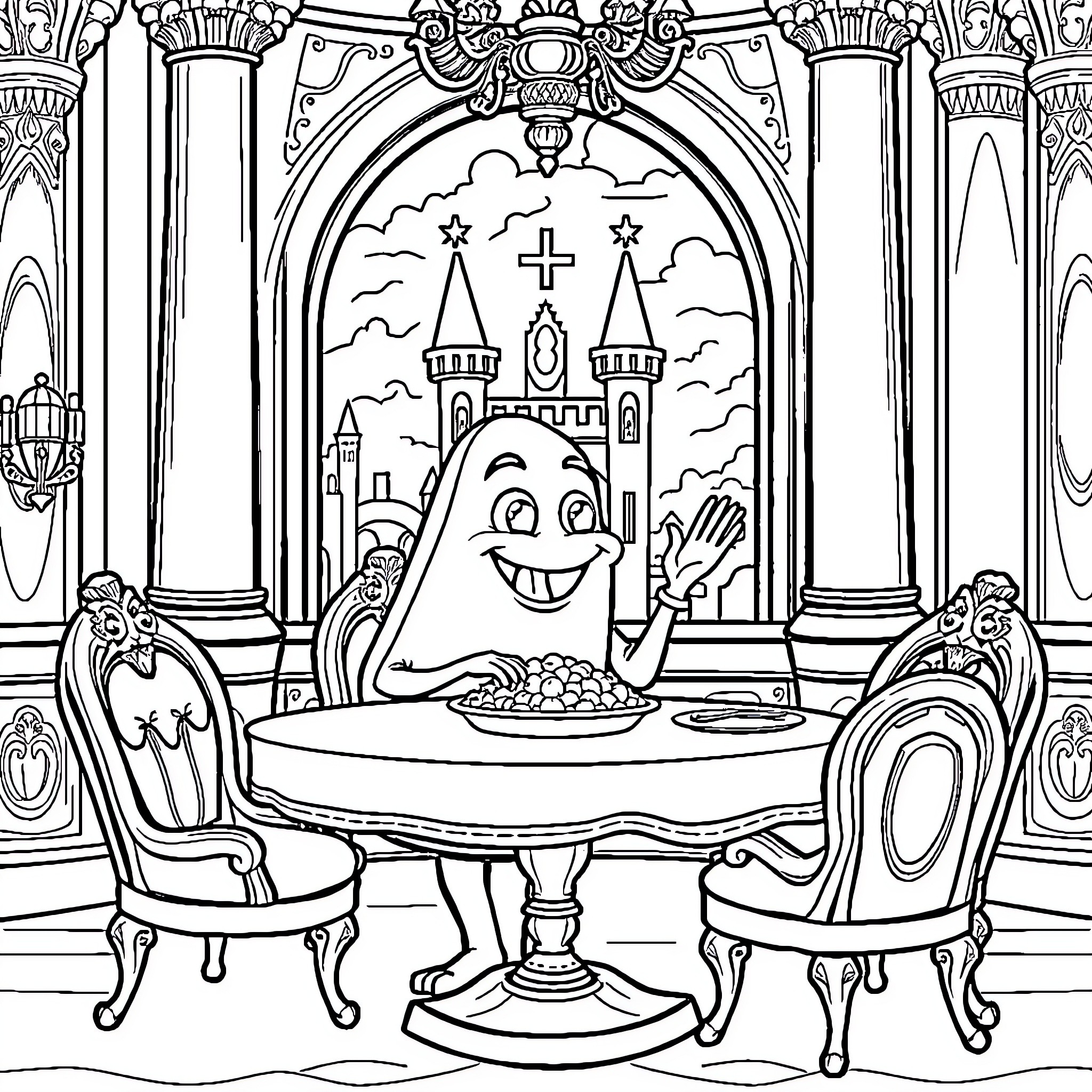 Guacamole time in the royal dining hall Coloring Page (free black-and-white line drawing printable PDF for all, from beginners to advanced learners, including children, teens, adults, and seniors)