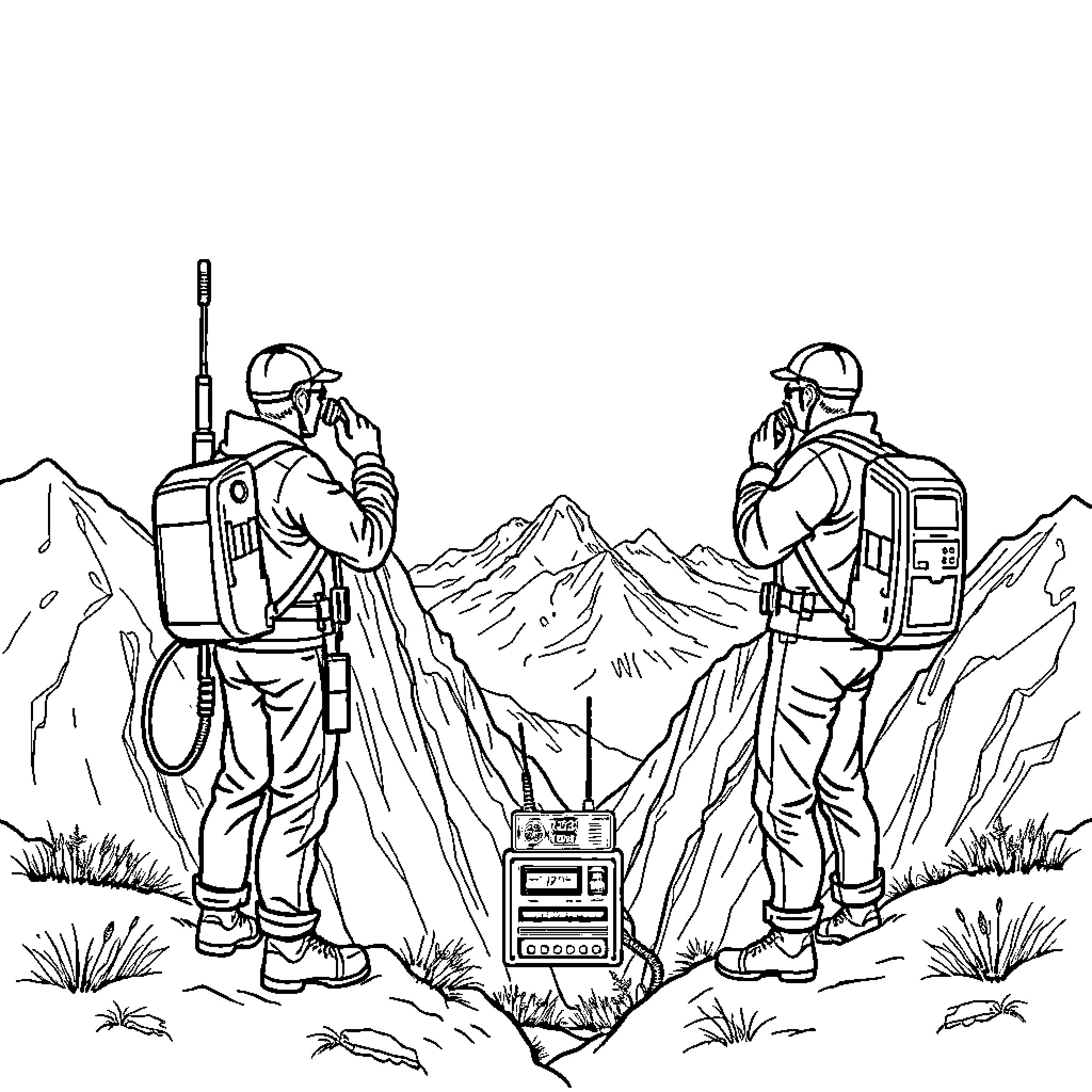 Radio Operators Communicating in Mountainous Terrain Coloring Page (free black-and-white line drawing printable PDF for all, from beginners to advanced learners, including children, teens, adults, and seniors)