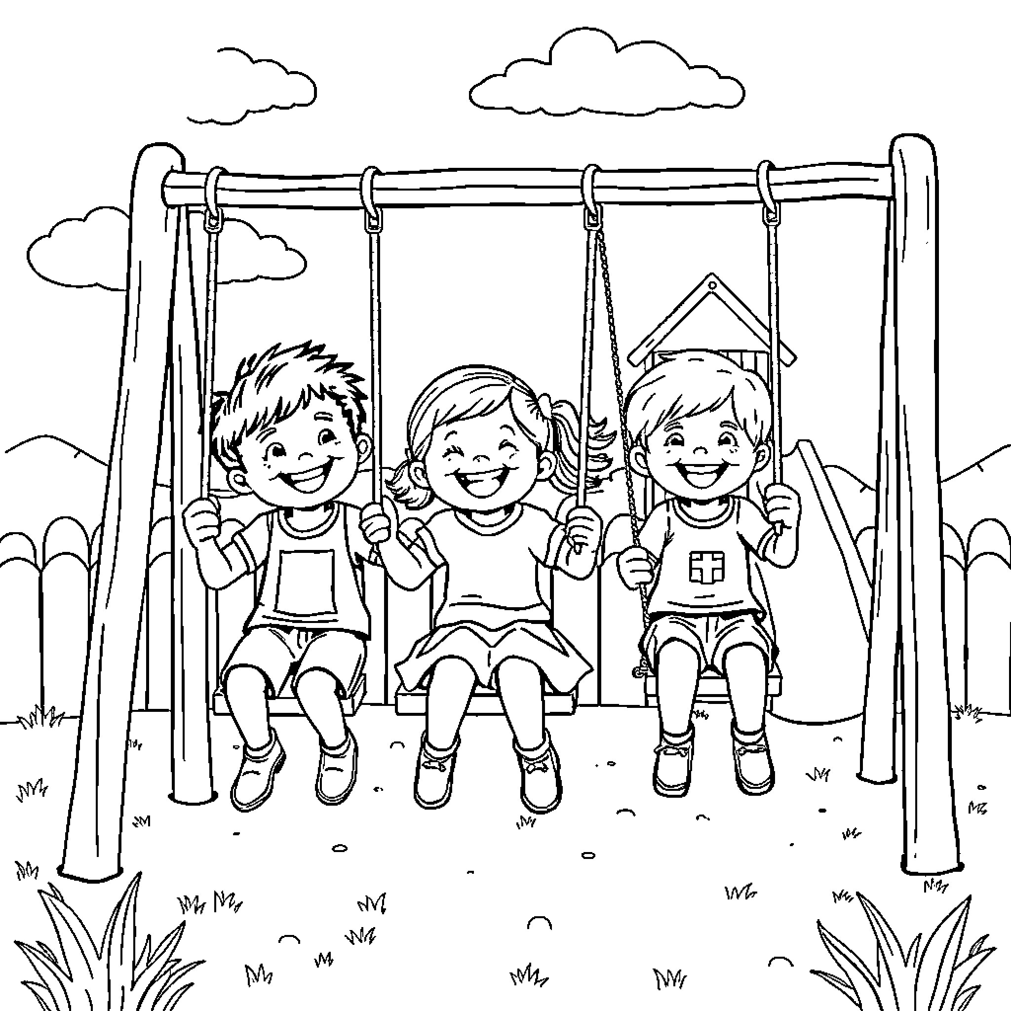 Children playing happily on swings in the park Coloring Page (free black-and-white line drawing printable PDF for all, from beginners to advanced learners, including children, teens, adults, and seniors)
